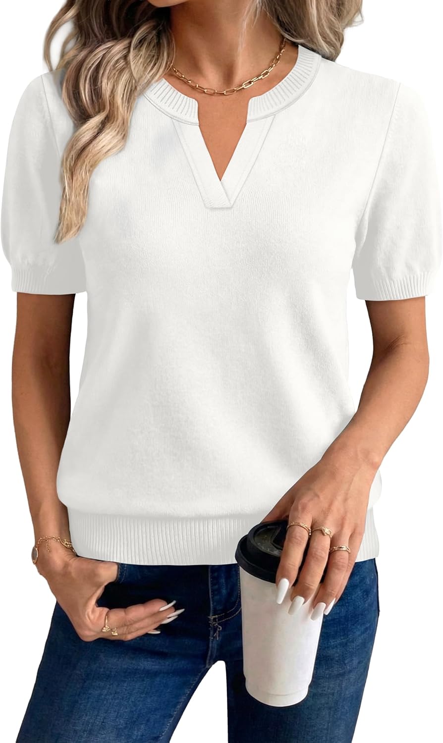 Detalle de WIHOLL Short Sleeve Sweater Tops - 2026 Spring/Summer Knit, V-Neck Business Casual Essential