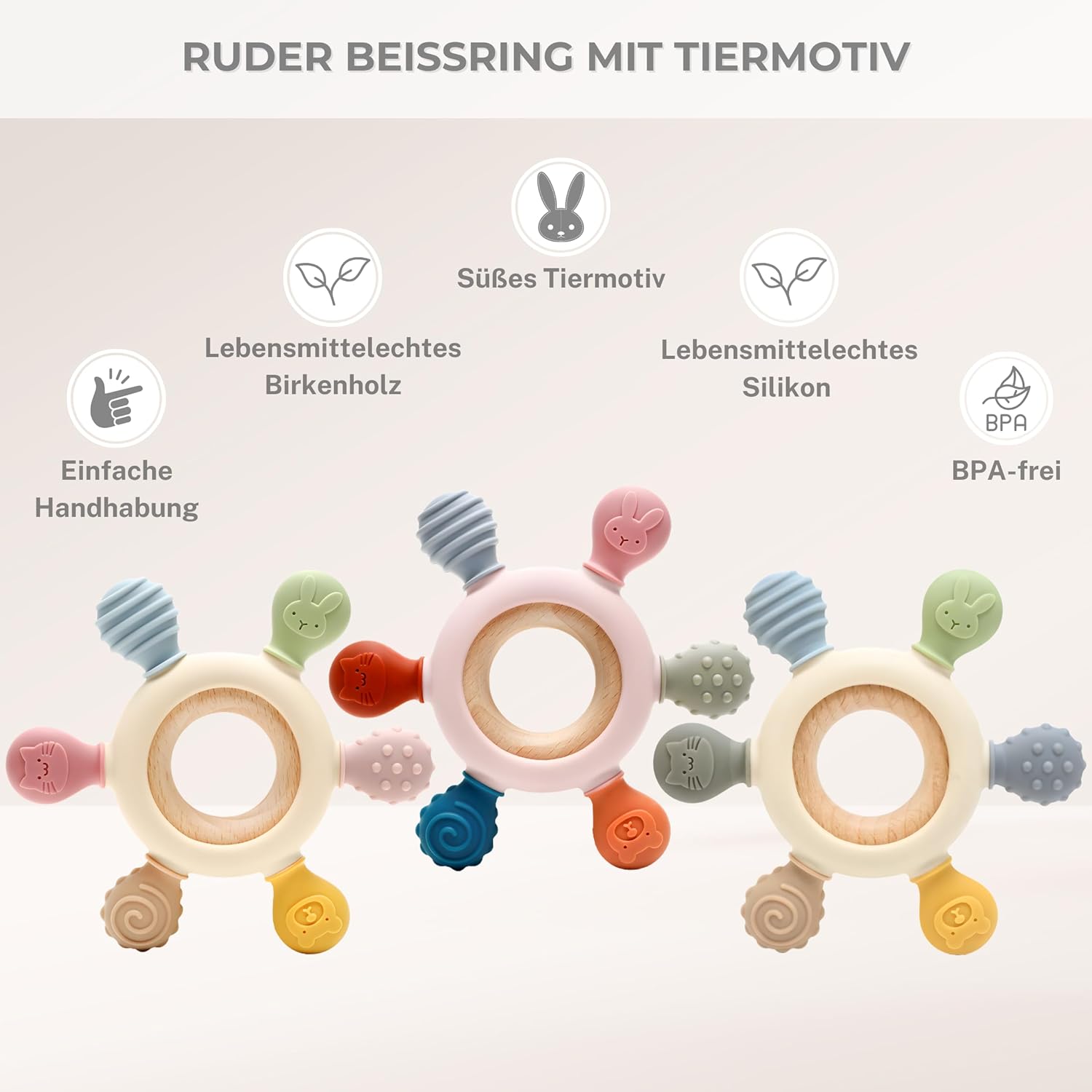 Thumbnail 5 de CAJA Beißring Baby – BPA-freie Zahnungshilfe aus Silikon und FSC-Holz im Tiermotiv