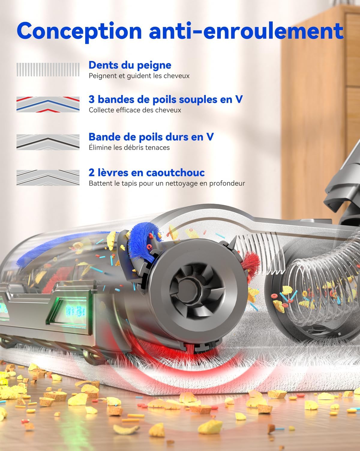 Detalle 2 de Huhuba H9 draadloze steelstofzuiger, 58 kPa, 650 W en anti-klitborstel