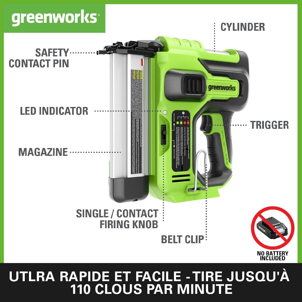 Detalle de Greenworks GD24BN cloueuse électrique sans fil 18GA, capacité 110 clous, 110 pcs/min (outil seul)