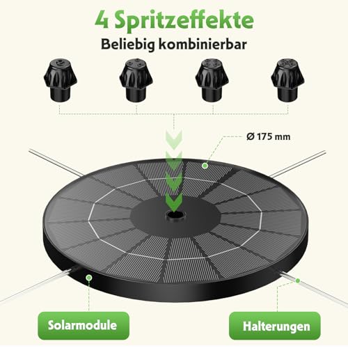 Detalle de AISITIN Solarbrunnen für Draussen mit 4 Sprüh Effekten und 4 Stützstäben – solarbetrieben, 3,8 W Modul