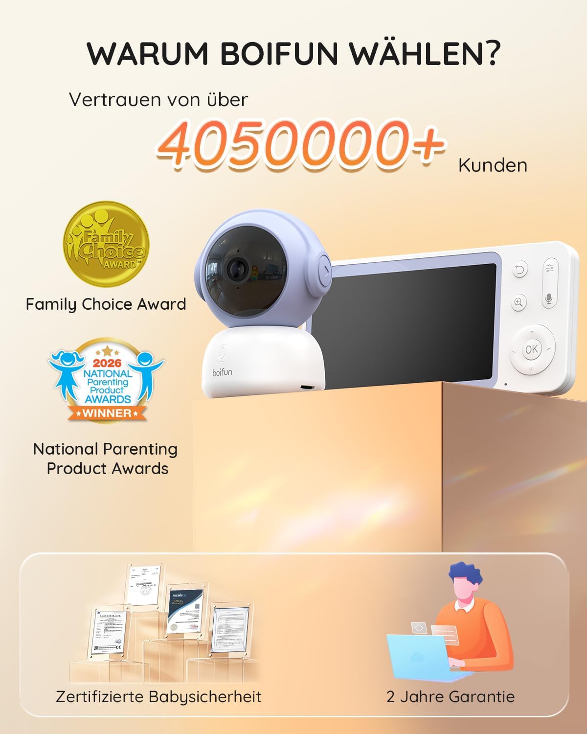 Thumbnail 1 de BOIFUN 2026 2K/3MP Babyphone mit Kamera – 5" Monitor, Nachtansicht und 360° Auto-Tracking
