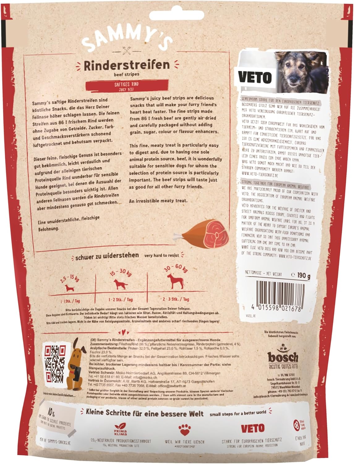 Detalle de Sammy’s Rinderstreifen – Getreidefreier Fleischsnack mit Single Animal Protein (6 x 190 g)