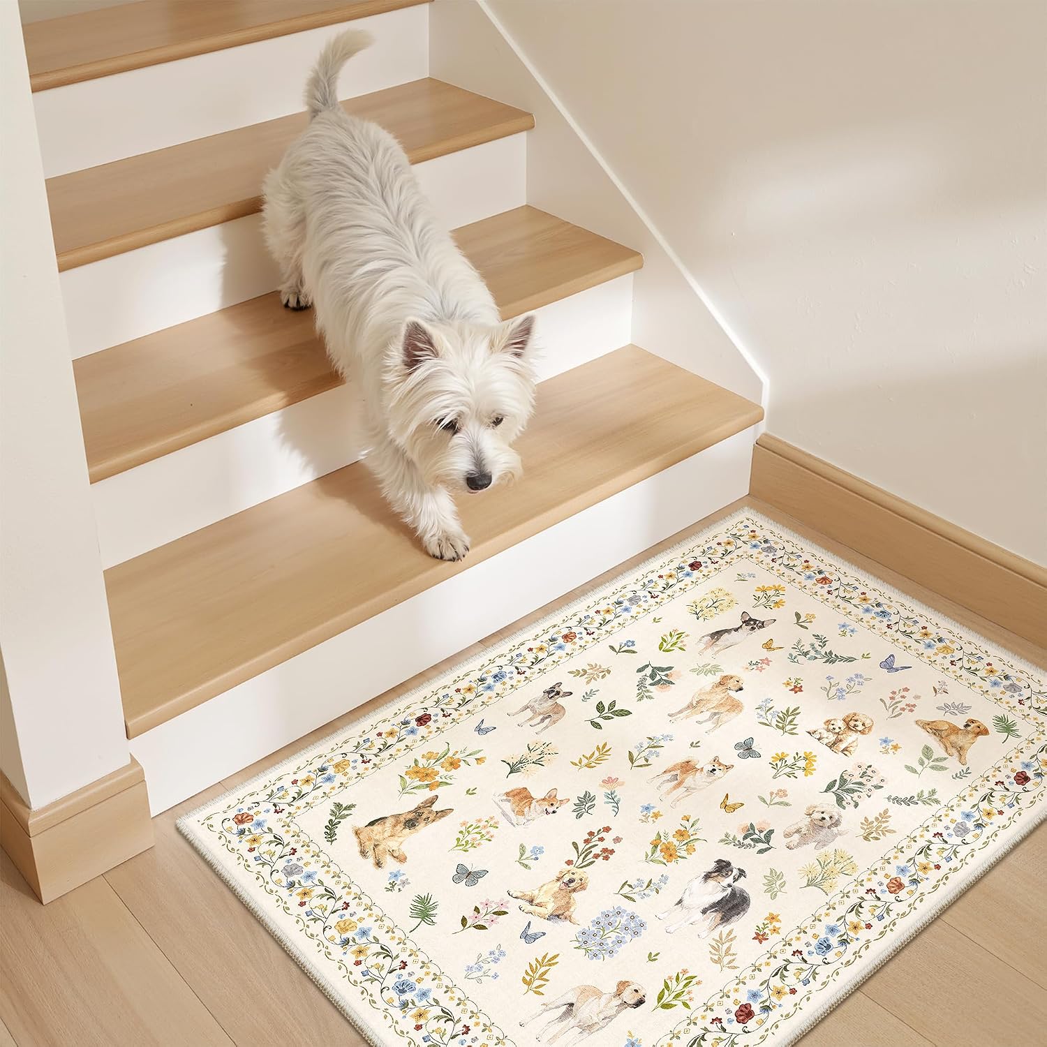 Thumbnail 2 de Soalmost 2' x 3' Beige Dog Rug, Washable Low-Pile Floral Area Rug
