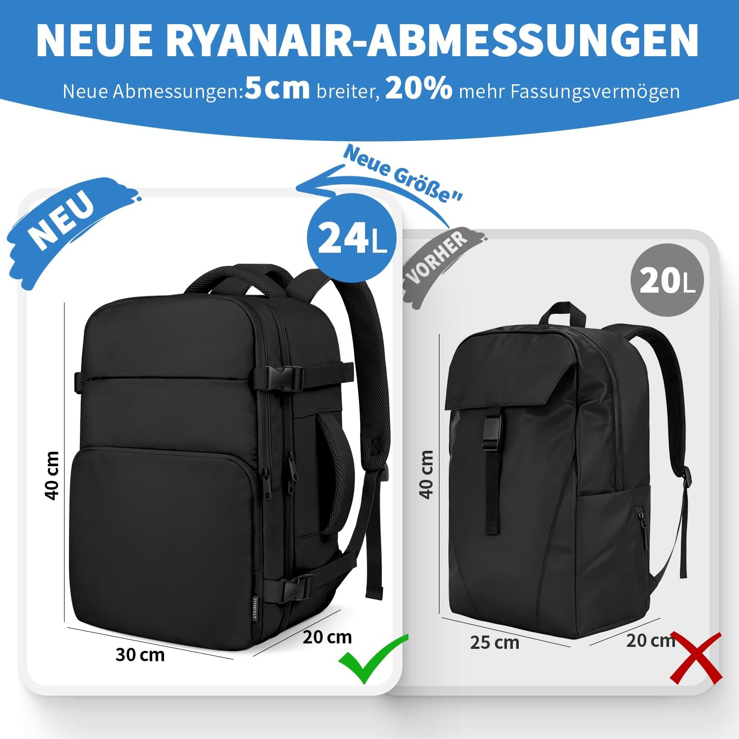 Detalle 2 de ZOMFELT Ryanair Handgepäck 40x30x20 Rucksack
