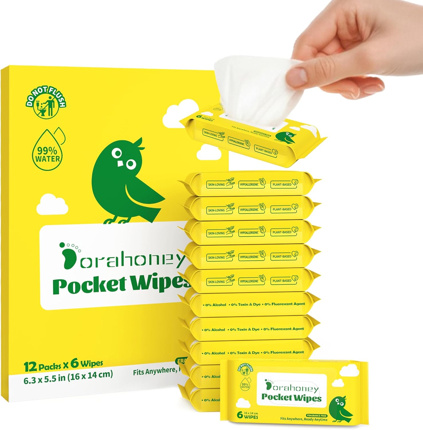 DORAHONEY Dorahoney Lingettes Humides Voyage – lot de 12 (72 lingettes) sans parfum, hypoallergéniques