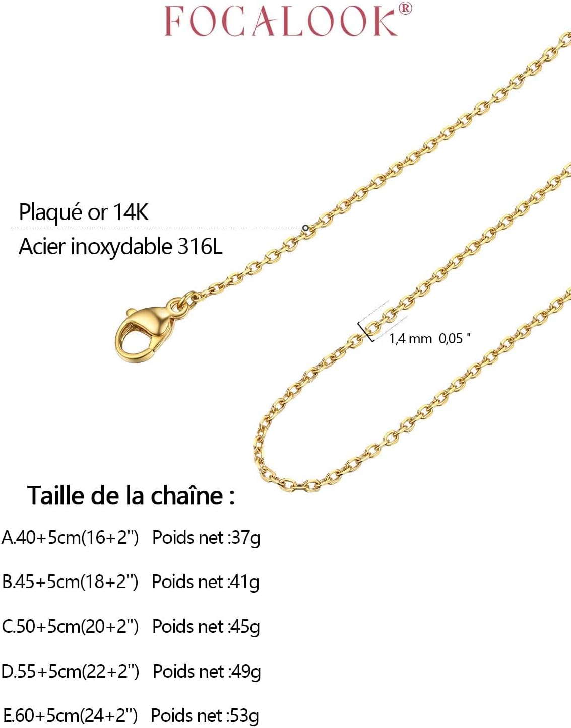Thumbnail 6 de FOCALOOK Chaîne collier fine argent/plaque or femme en acier inoxydable 1,4 mm – maille rolo pour pendentif (40 à 60 cm + chaînette)