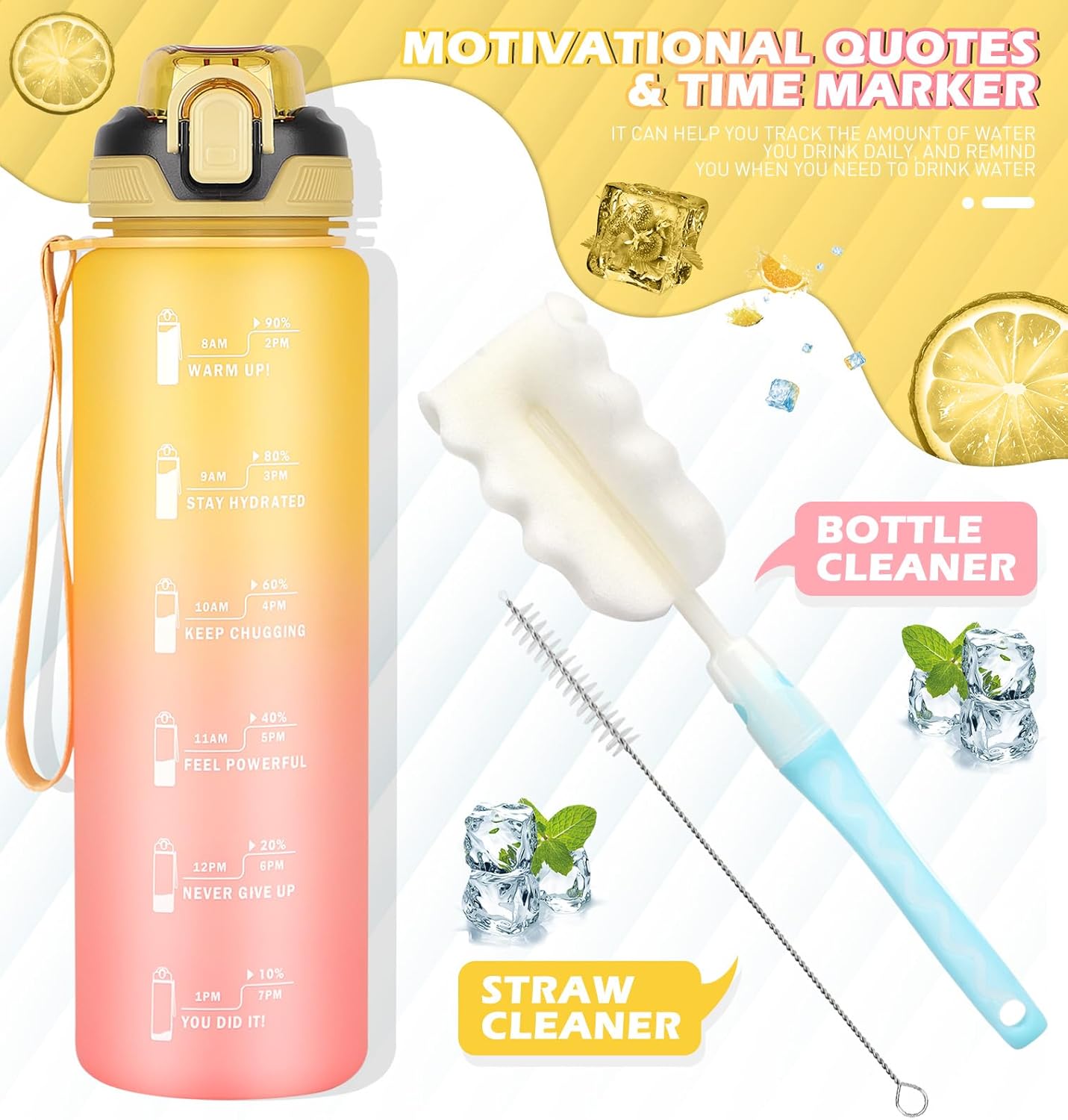 Thumbnail 1 de CodiCile 1L Water Bottle with Straw (leak-proof, dishwasher safe) – time markings & bottle brush, Yellow Pink