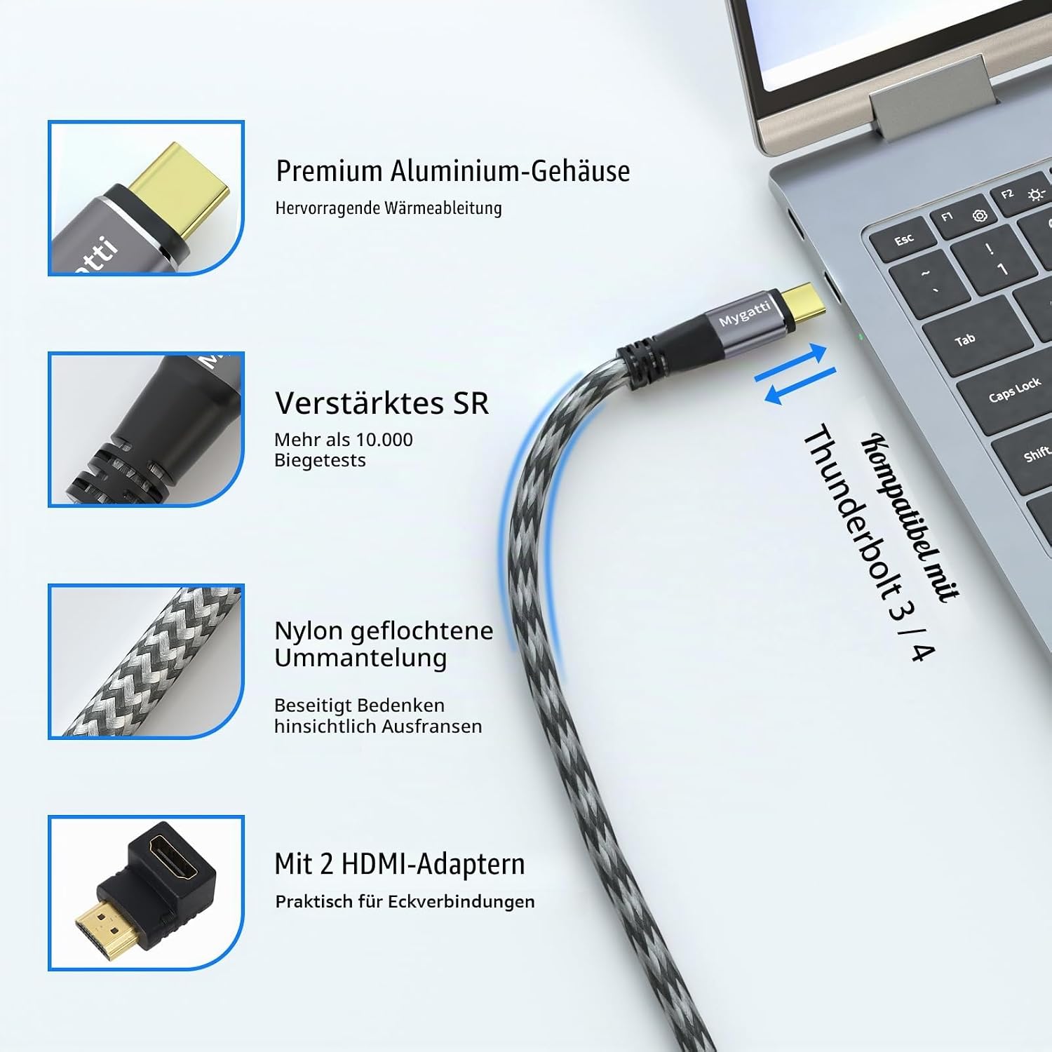 Detalle de Mygatti USB‑C auf HDMI Kabel 1,5 m – 4K UHD, mit 90°/270° Adapter, kompatibel mit iPhone 15/16/17 und MacBook