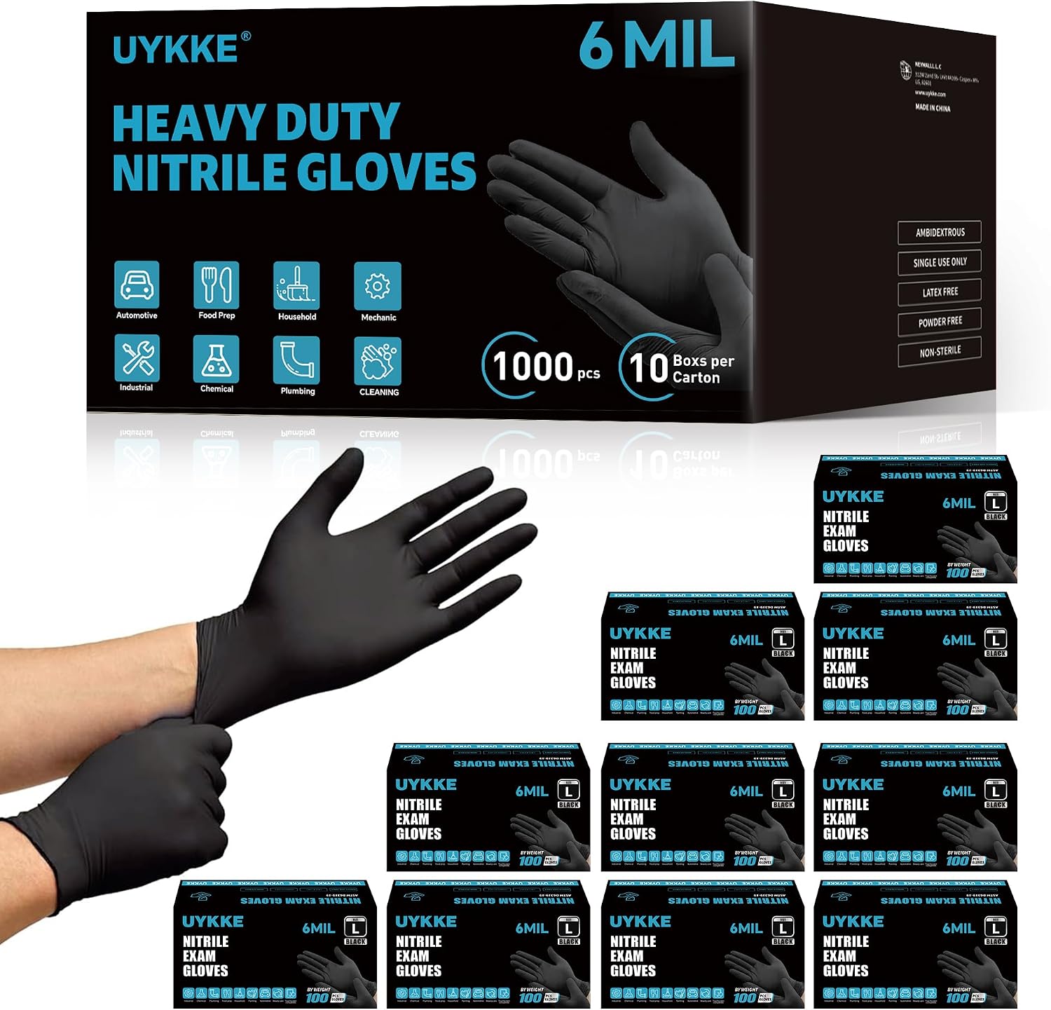 Detalle de UYKKE Heavy Duty 6 Mil Nitrile Black Gloves (1000 pcs) — Latex-free, Powder-free, Textured Tips