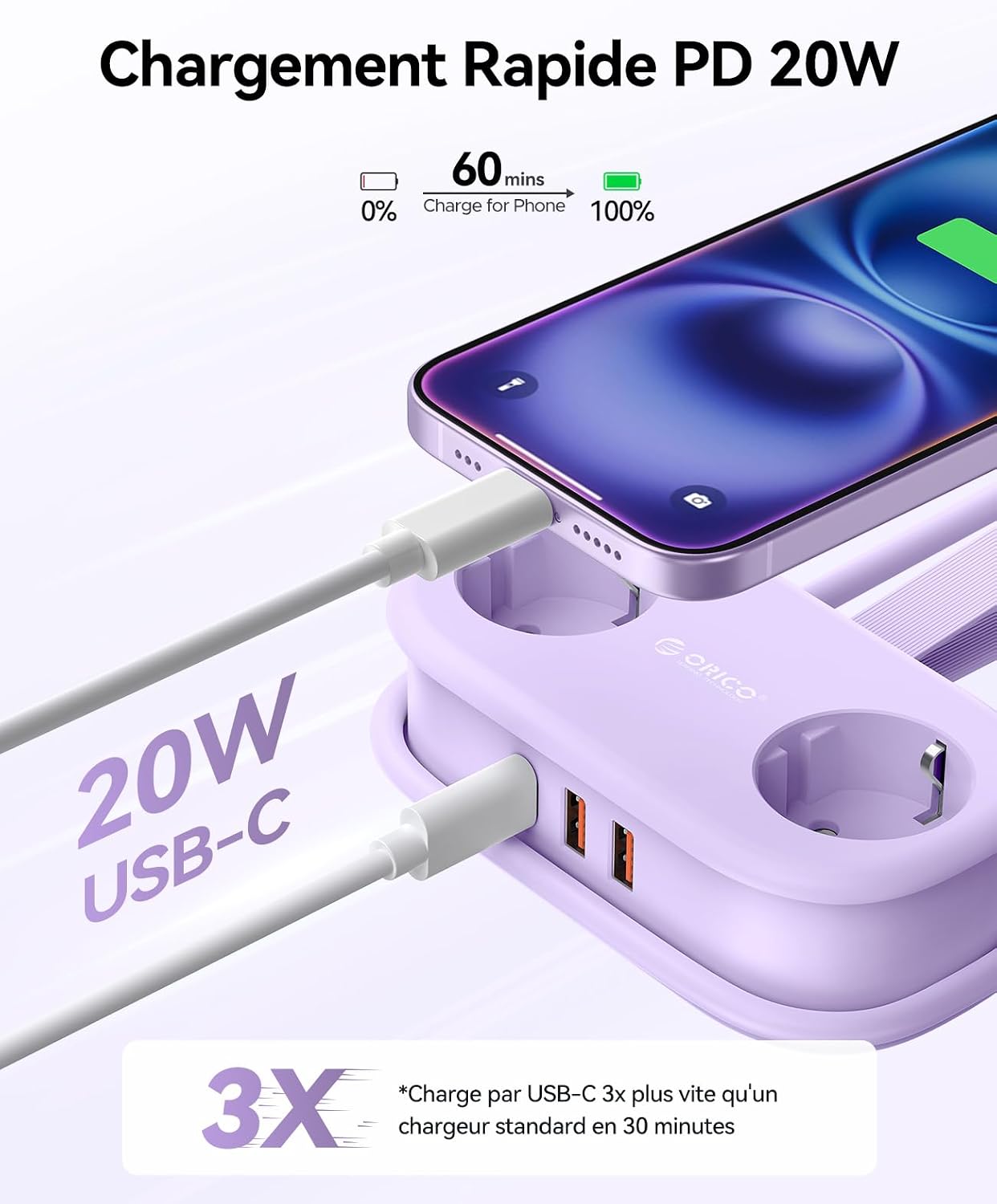 Detalle de ORICO AP3 Multiprise voyage 2 prises et USB‑C 20W PD
