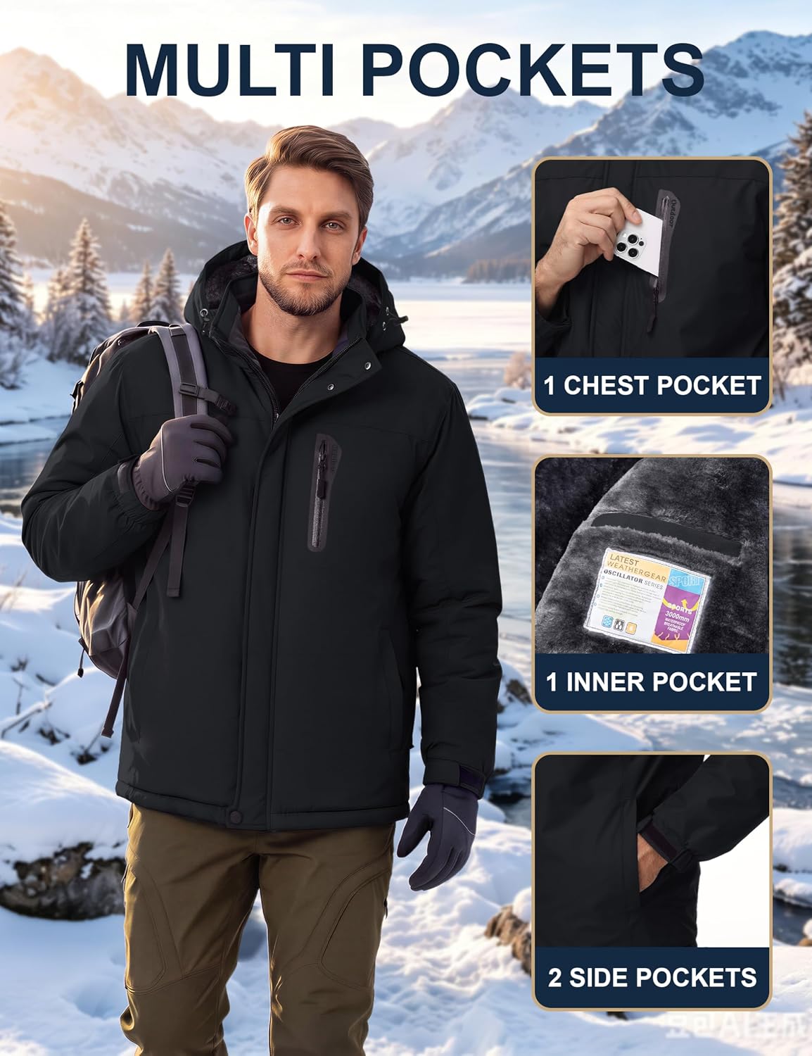 Detalle 1 de MAGCOMSEN Men's Ski Jacket, Fleece-Lined Water-Resistant Snowboard Hoodie