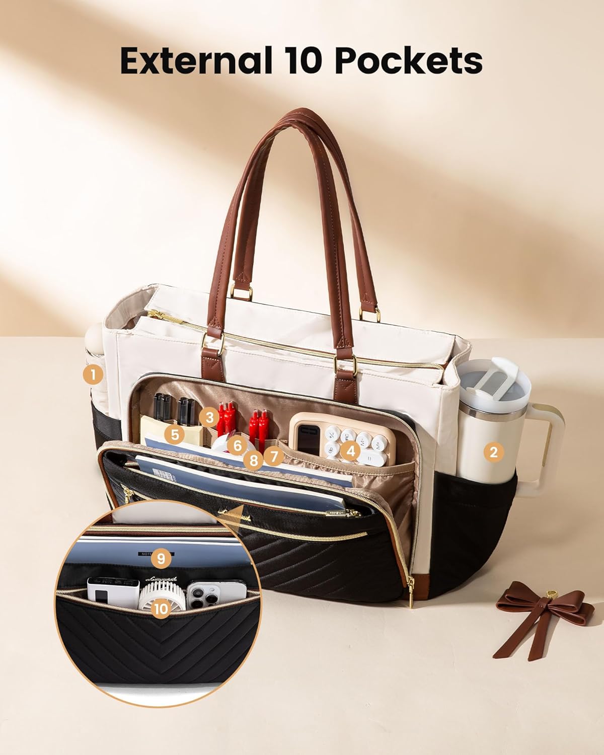 Thumbnail 3 de LOVEVOOK Lunch Bag Tote for Women with Insulated Compartment, Laptop Pocket (Fits 17.3-Inch) & Cup Holder, Black-Beige-Brown