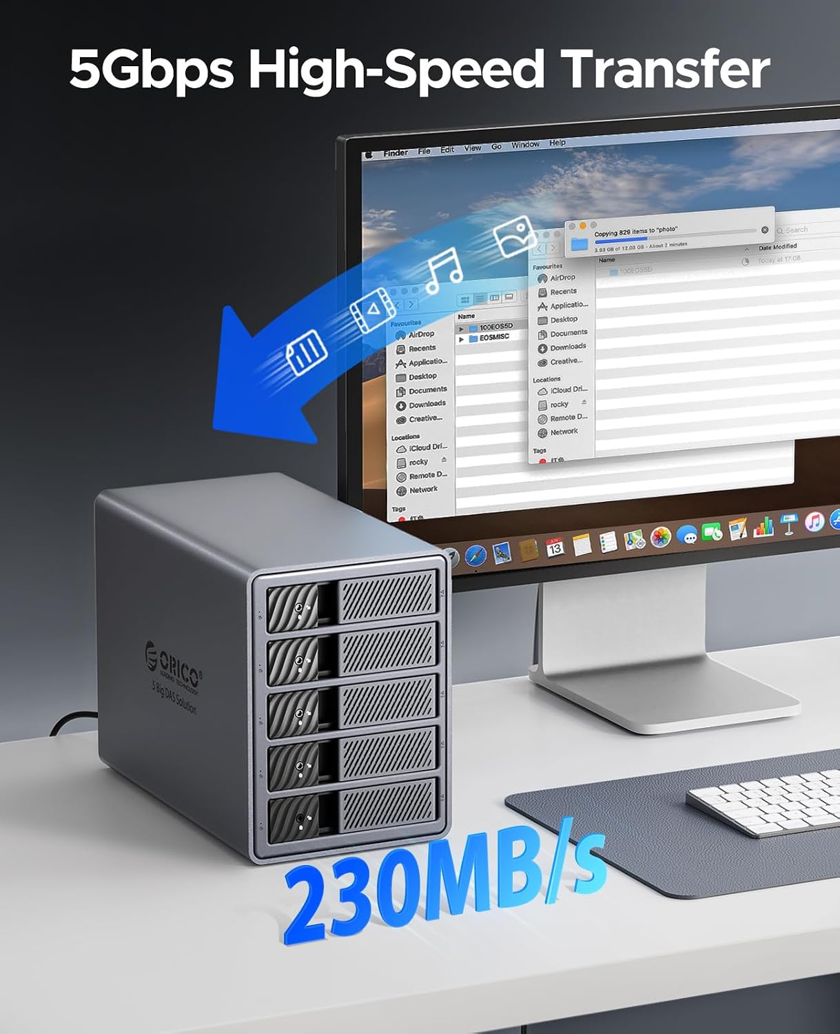 Detalle de ORICO 9858U3 Aluminium 5-Bay-HDD-Dockingstation für 5× 3,5-Zoll-SATA (bis 22 TB je Laufwerk) mit USB 3.0