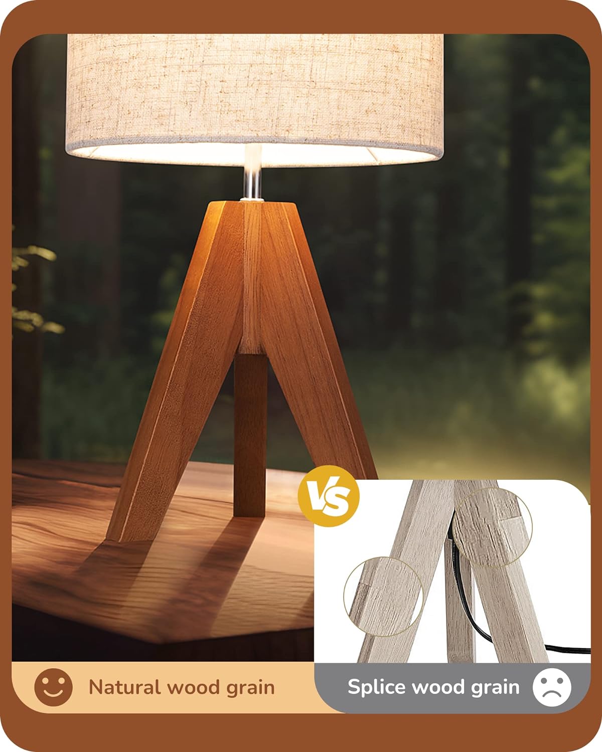 Detalle 2 de EDISHINE HLTL25Q Table Lamps, 2-Pack Wooden Tripod with Beige Linen Shades
