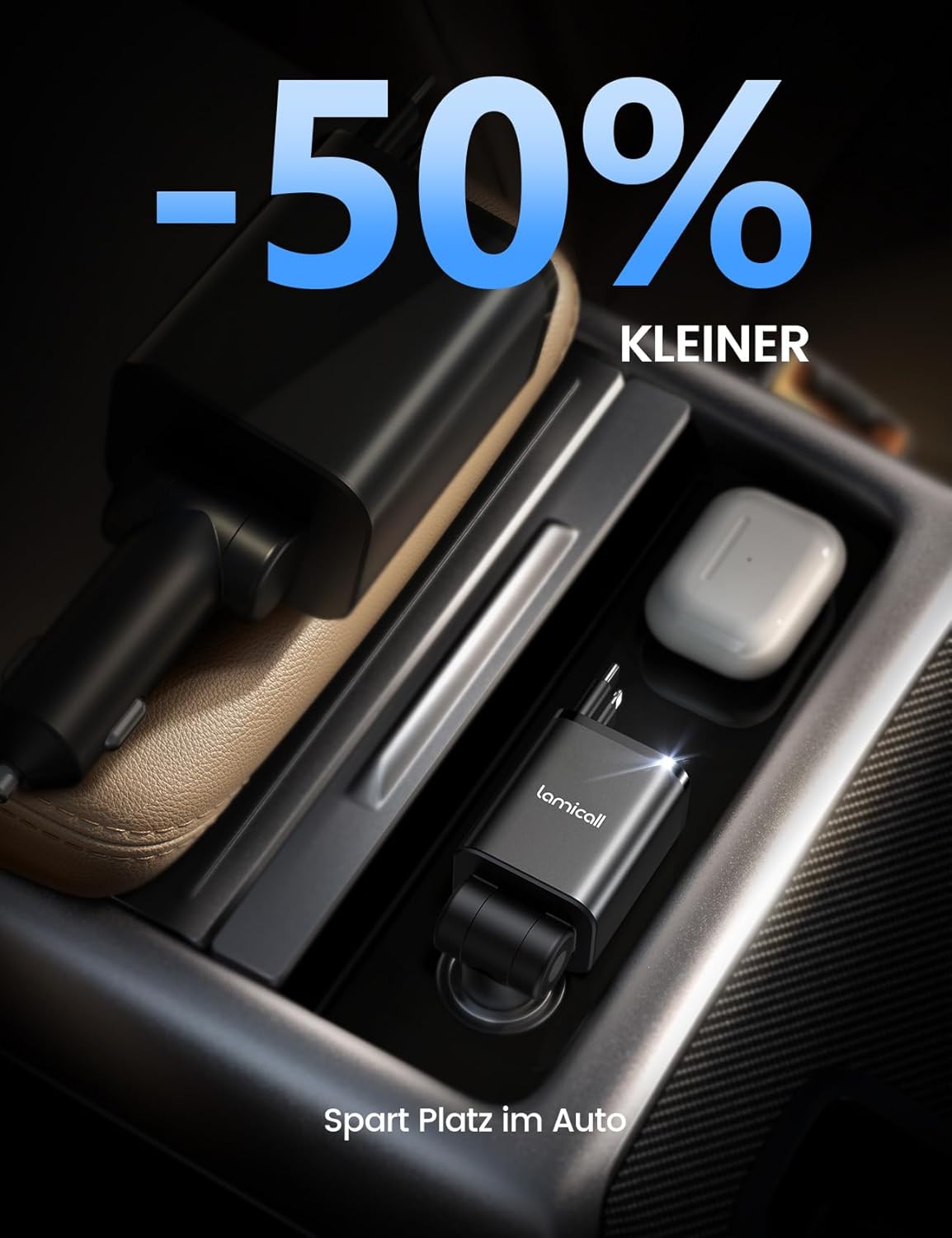 Detalle de Lamicall 4-in-1 Zigarettenanzünder USB-C Auto-Ladegerät (69W) mit einziehbarem Kabel und Spannungsanzeige