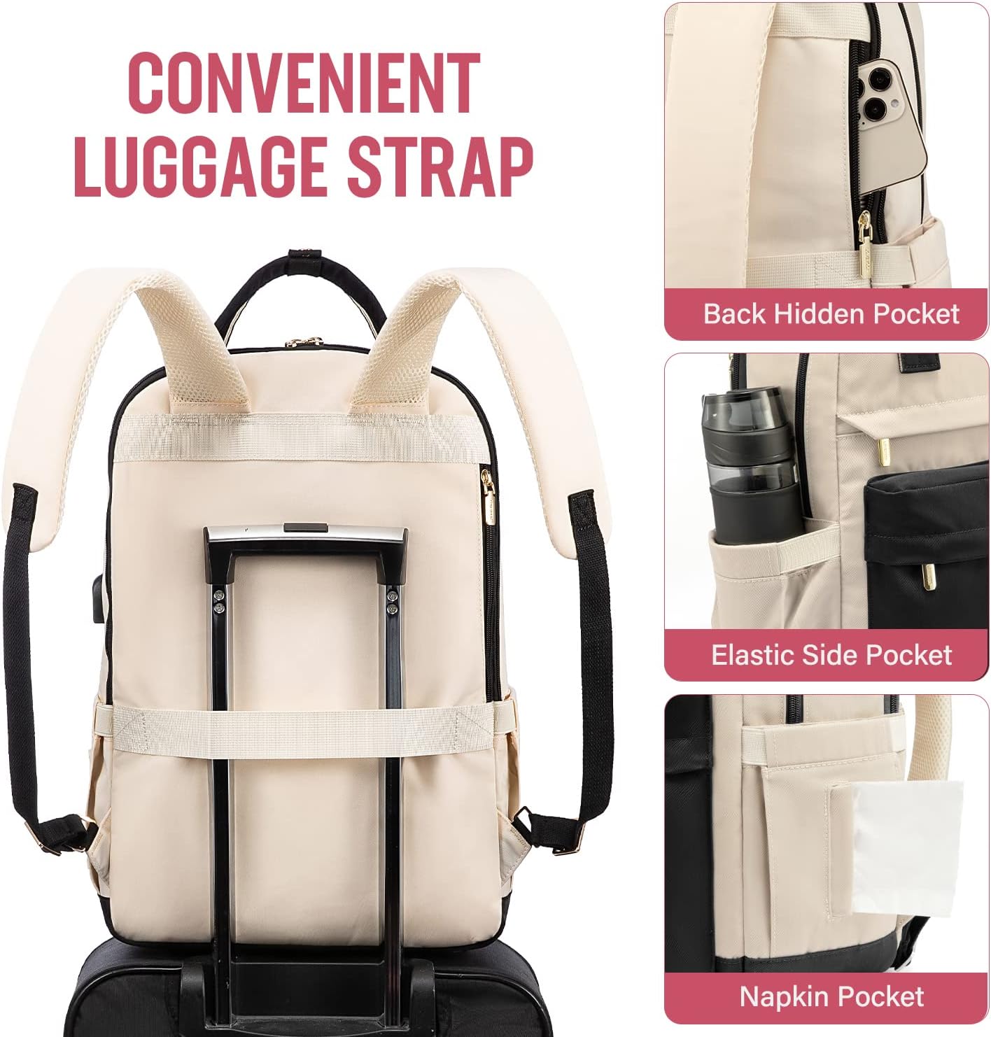 Detalle de LOVEVOOK Sac à Dos Femme 17 Pouces : élégant, imperméable et antivol avec USB - parfait pour étudiants et professionnels