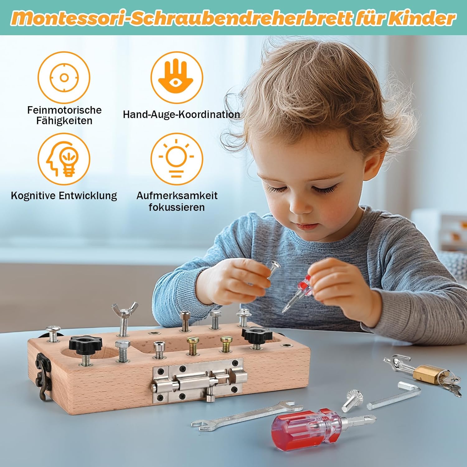Detalle de Wooderma Montessori Schraubbrett aus Holz – Lernspielzeug ab 3–5 Jahre