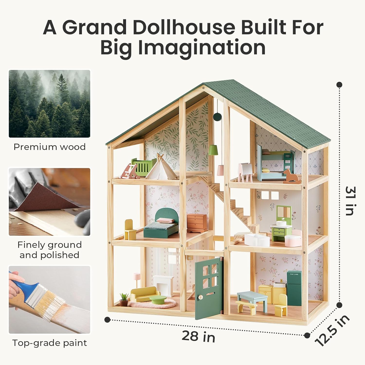 Detalle de Tiny Land Wooden Dollhouse for Girls – 6 Rooms, 31-Piece Furniture Set, Green