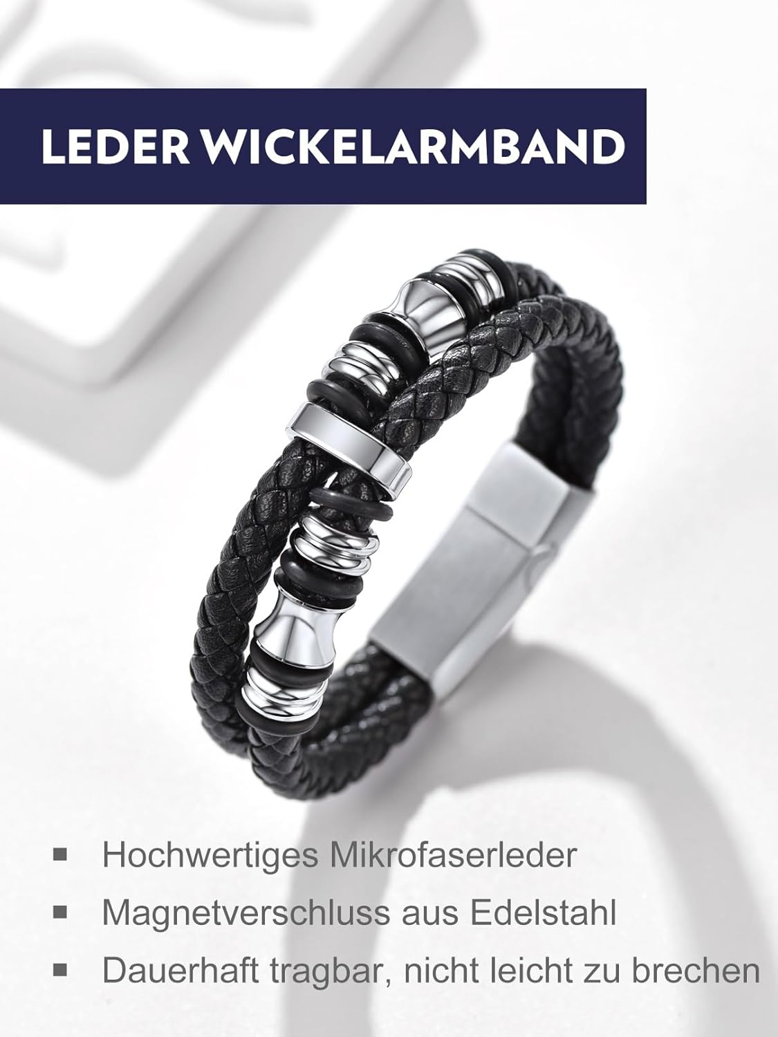 Detalle de Bandmax Herren Lederarmband Personalisiertes Mikrofaser-Leder Wickelarmband mit Magnetverschluss – 19/21/23 cm