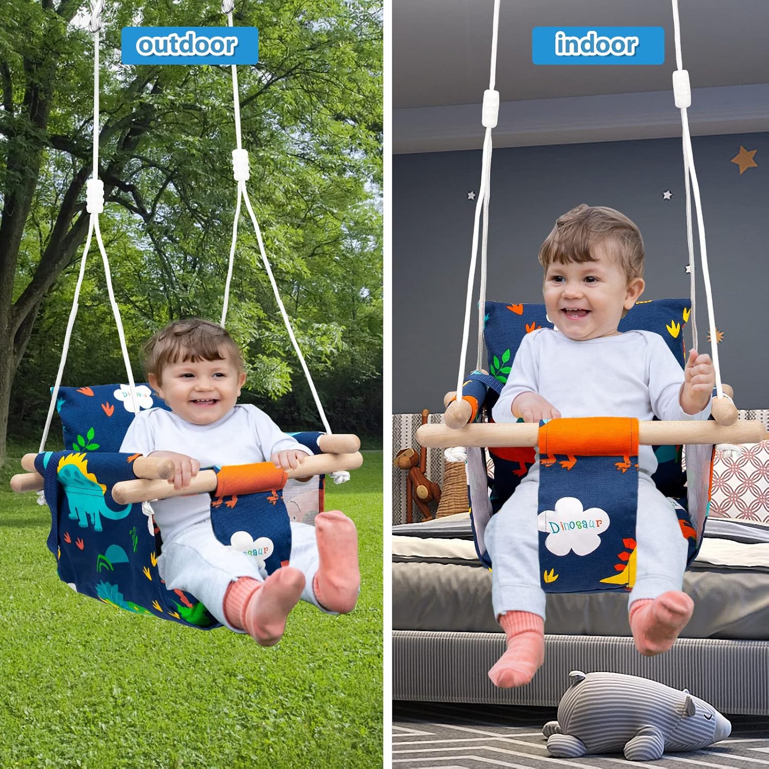 Thumbnail 6 de Katomi Schaukel für Baby und Kinder mit Sicherheitsgurt – verstellbare Länge, Edelstahl-Karabiner, Dinosaurier-Design