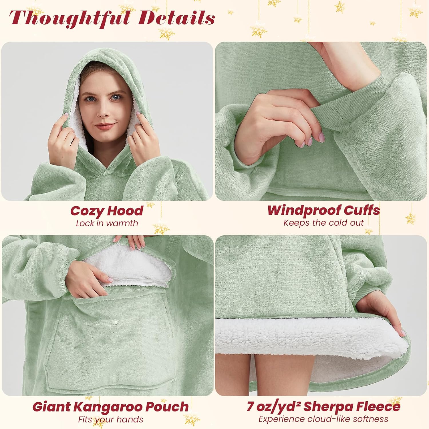 Detalle de YUGYVOB Oversized Wearable Blanket Hoodie, Light Green Sherpa with Giant Pocket