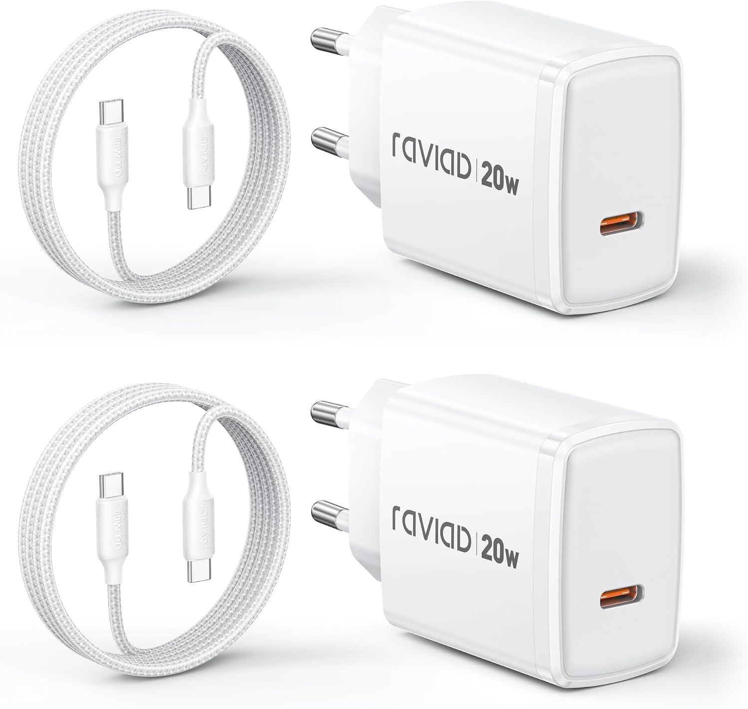 Detalle de RAVIAD USB‑C Ladegerät 2er‑Pack, 20W Schnellladeadapter mit 2 m USB‑C Kabel – kompakt und flexibel