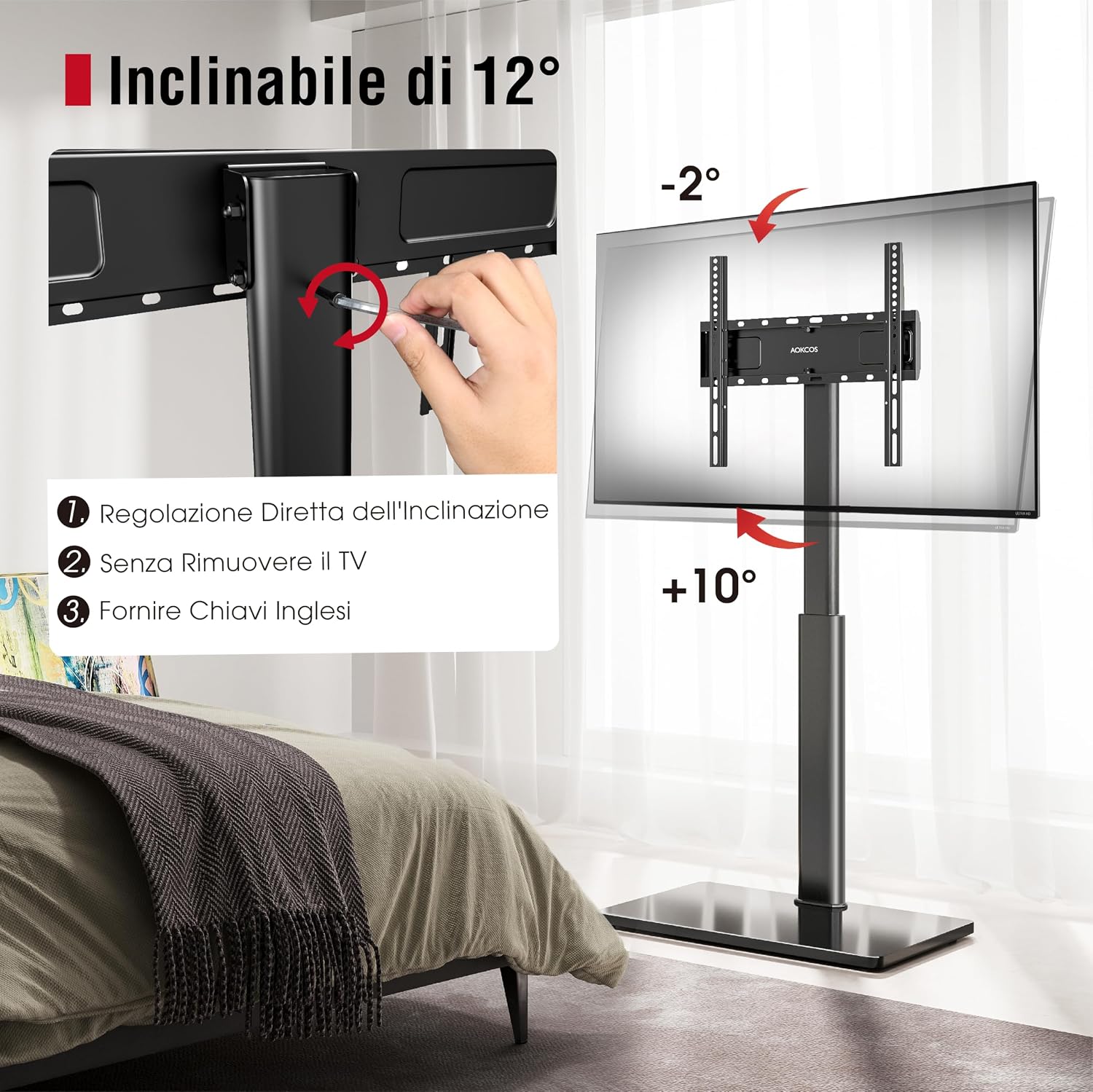 Detalle de AOKCOS Supporto TV da Pavimento inclinabile per 32–70 pollici, girevole e altezza regolabile