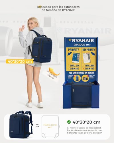 Detalle 2 de Lekespring Mochila 40x30x20 (24L) con Compartimento Húmedo y 6 Bolsas Organizadoras – Azul Marino