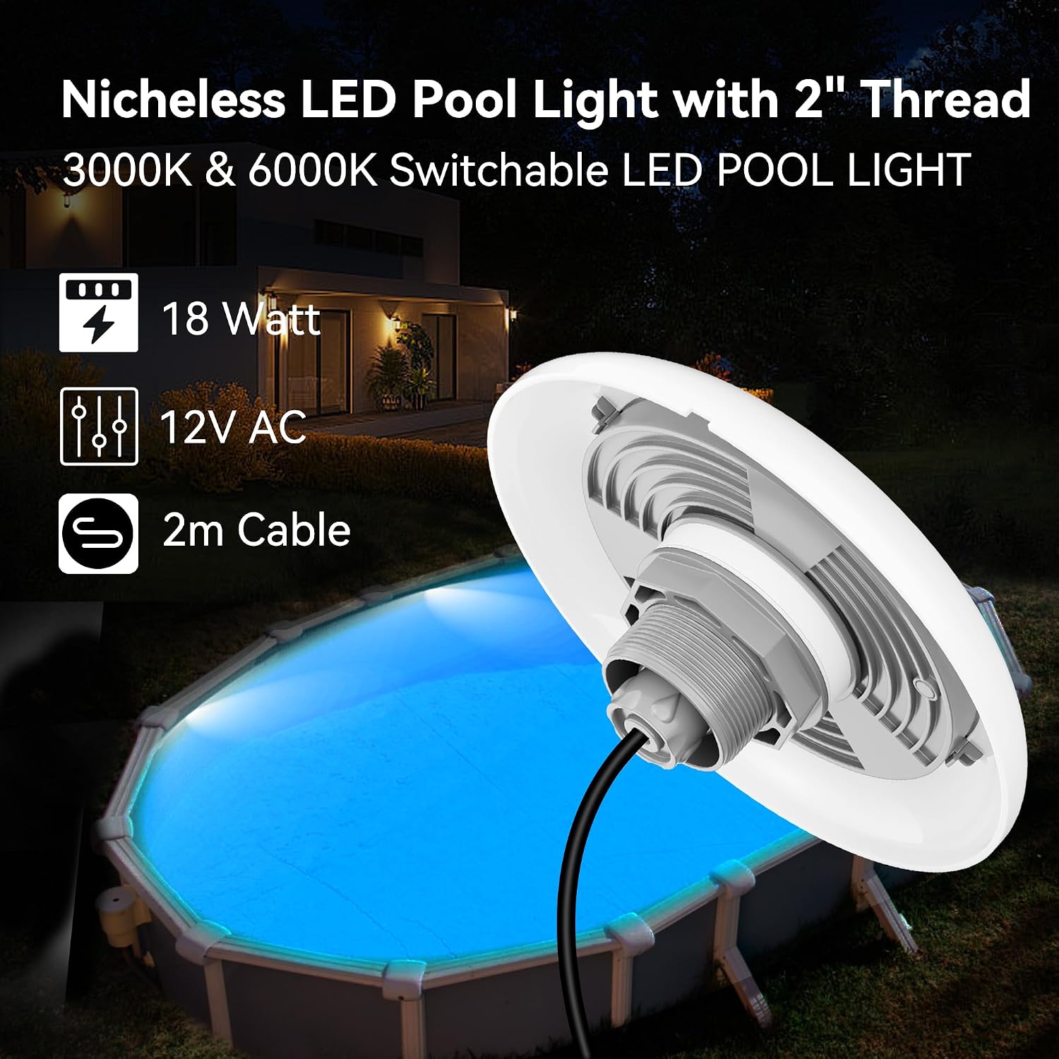 Detalle de LyLmLe Proiettore Piscina LED con filettatura esterna 2" | 18W, 3000K/6000K, Ø242mm, 12V AC