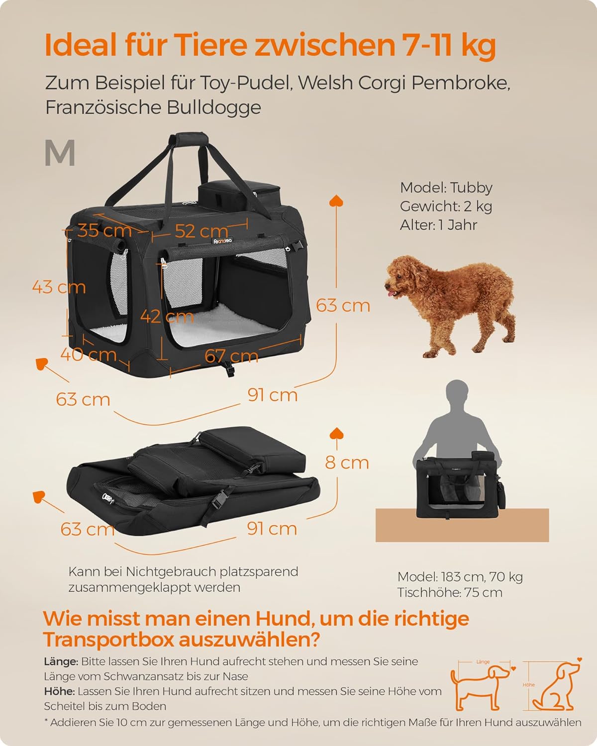 Detalle de Feandrea Hundebox faltbar, Transportbox Hund, 60 x 42 x 42 cm, Oxford-Gewebe, Netzstoff, Metallrahmen – robust, tragbar und faltbar