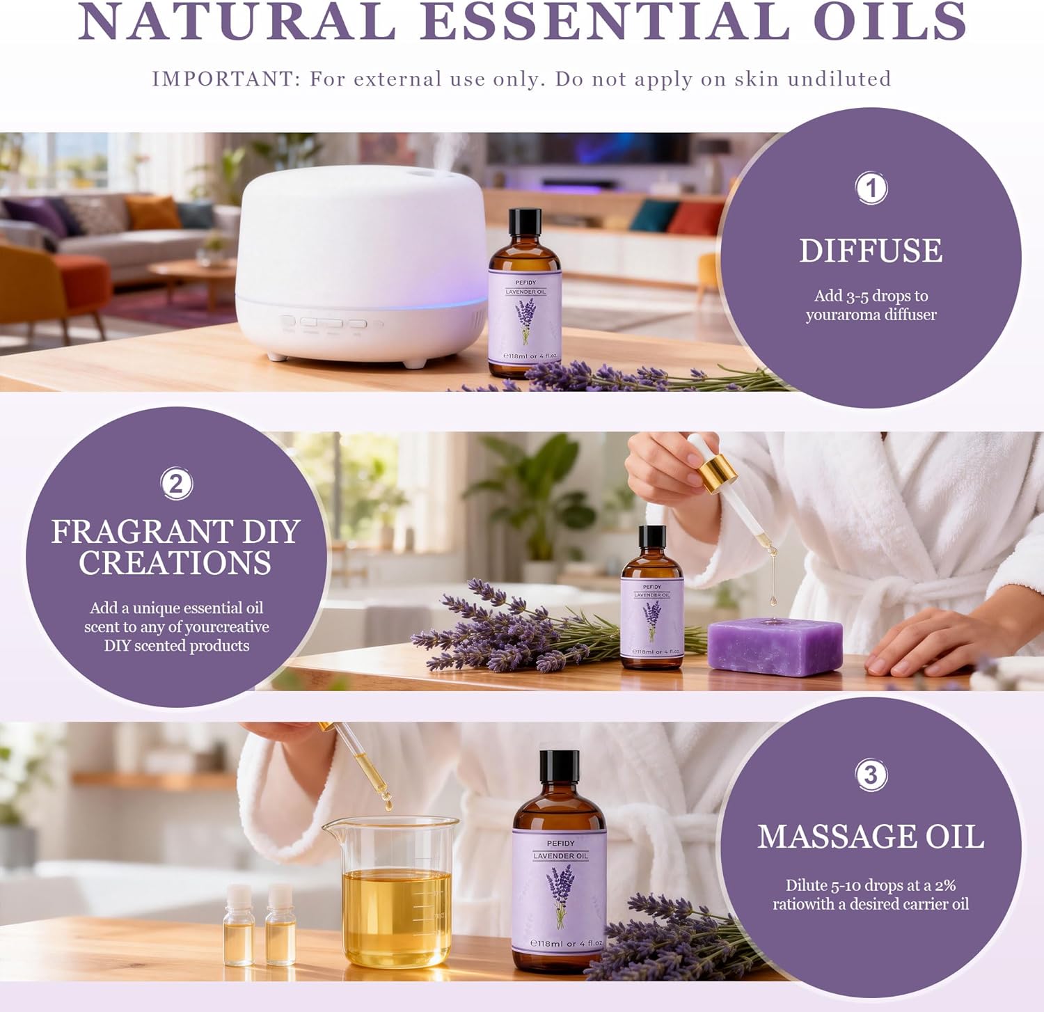 Thumbnail 2 de PEFIDY olio essenziale di lavanda 100% naturale per diffusori, 118 ml