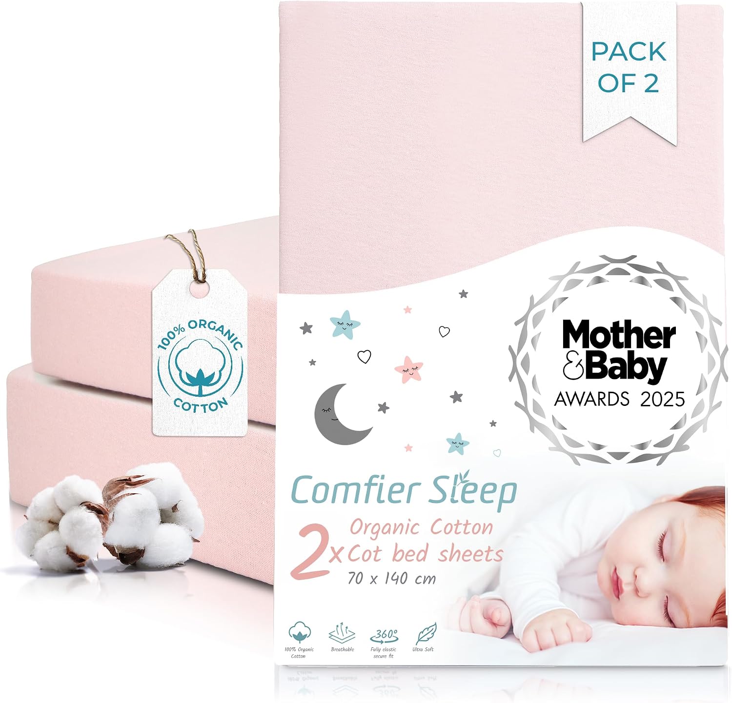 Detalle de Pink Cot Sheets 140 x 70 Fitted – Organic Cotton Cot Bed Sheets (2 Pack)