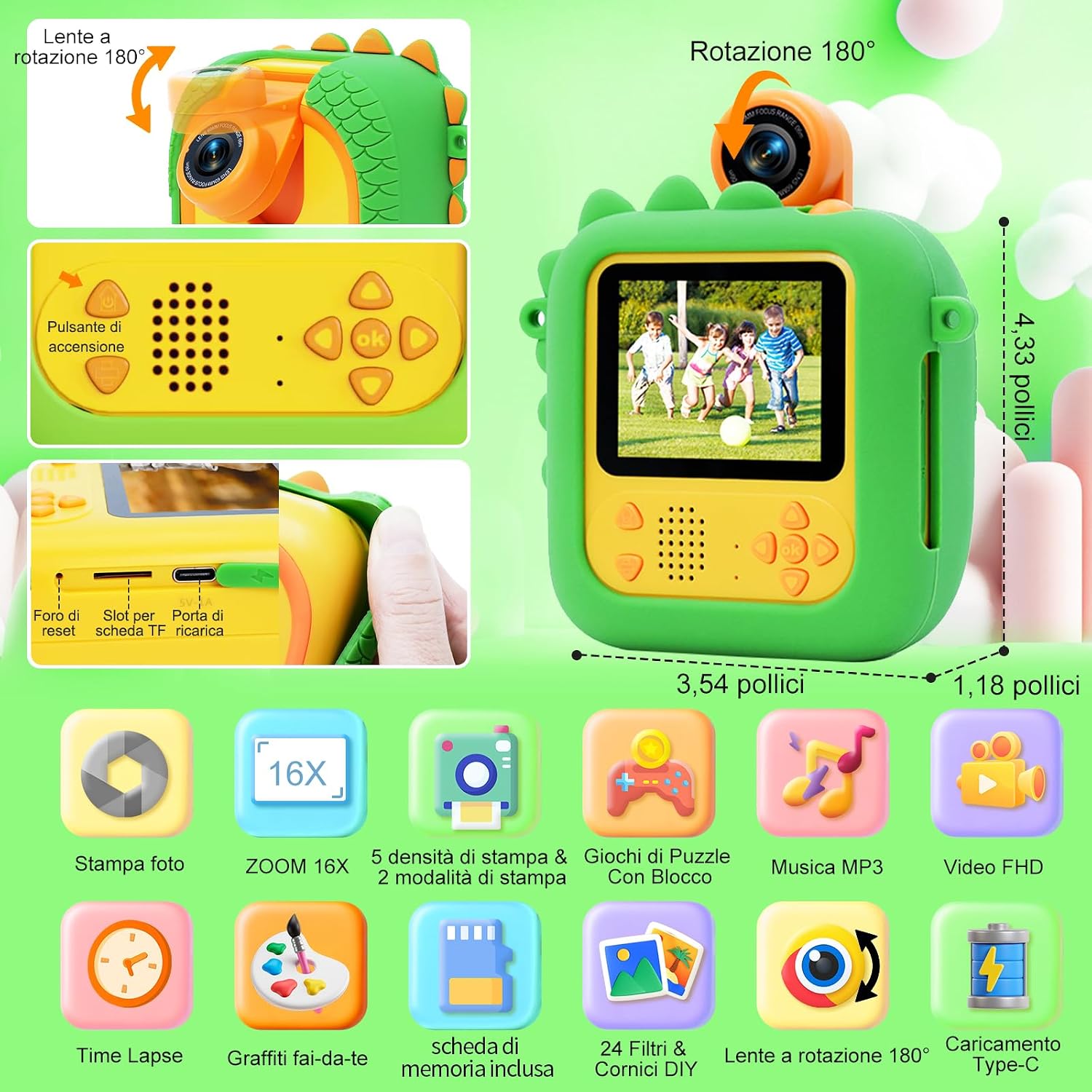 Detalle 2 de ARNSSIEN Macchina Fotografica Bambini istantanea con obiettivo 180° flip e schermo 2,4" (1080P) – kit con carta e colori