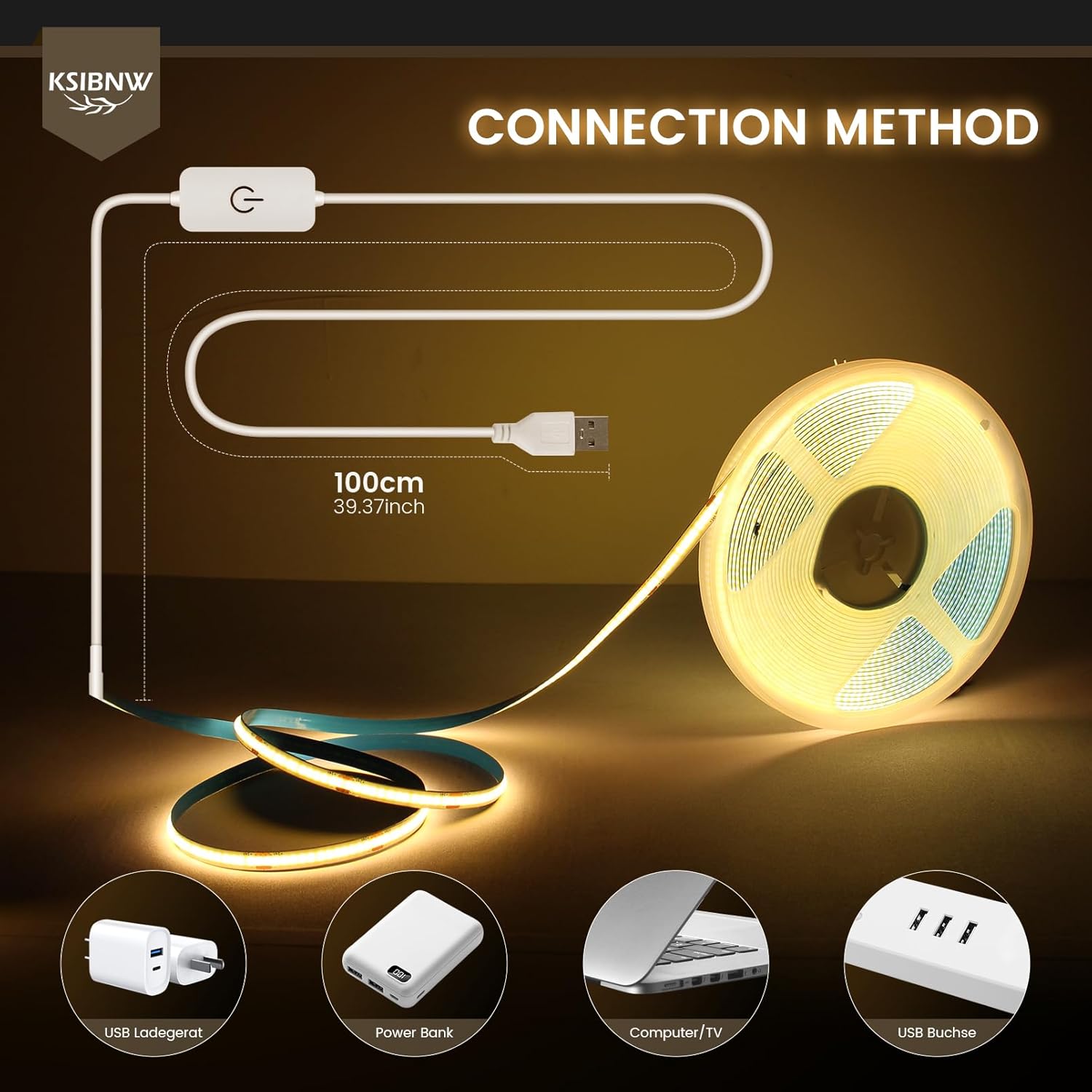 Detalle de KSIBNW 5M USB COB LED Streifen – dimmbar, 5V, neutralweiß 4000K, CRI90+