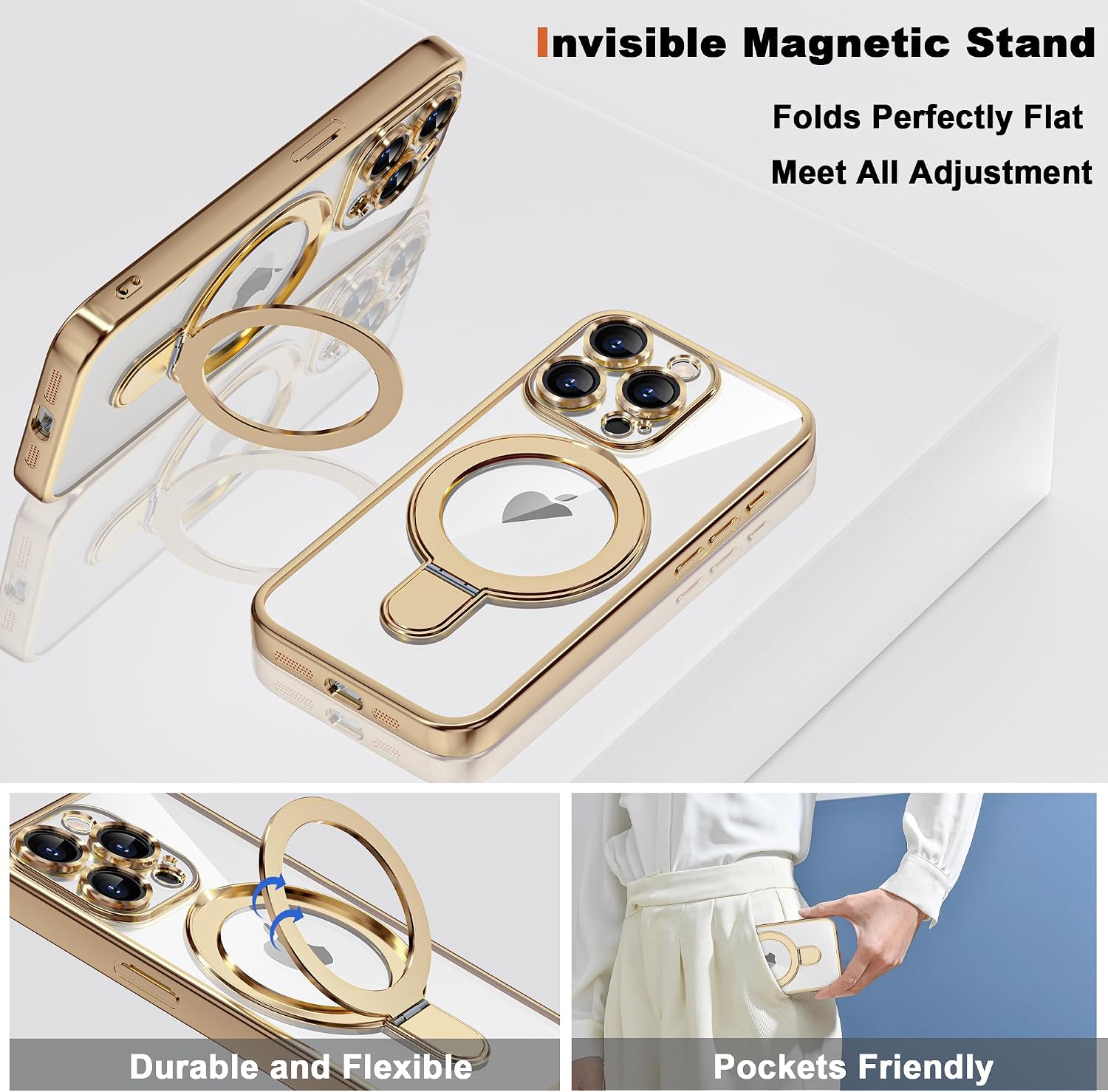 Thumbnail 5 de ETPESOK 1-EE-AKN-iphone14PRO-TDZD-GD Clear iPhone 14 Pro Case, Gold Trim, Ring Stand