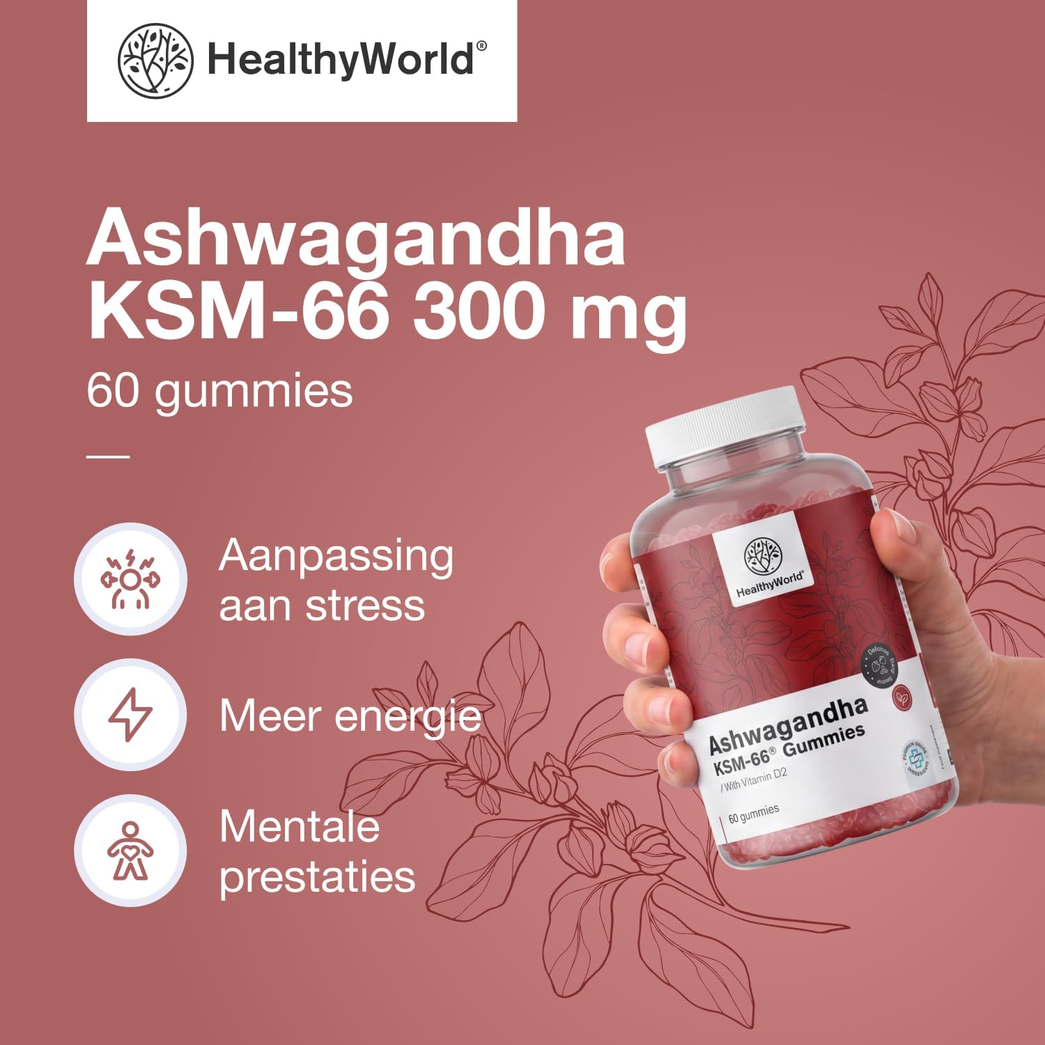 Detalle 2 de HealthyWorld Ashwaganda KSM-66® 300 mg gummies met vitamine D2 en bosvruchtensmaak