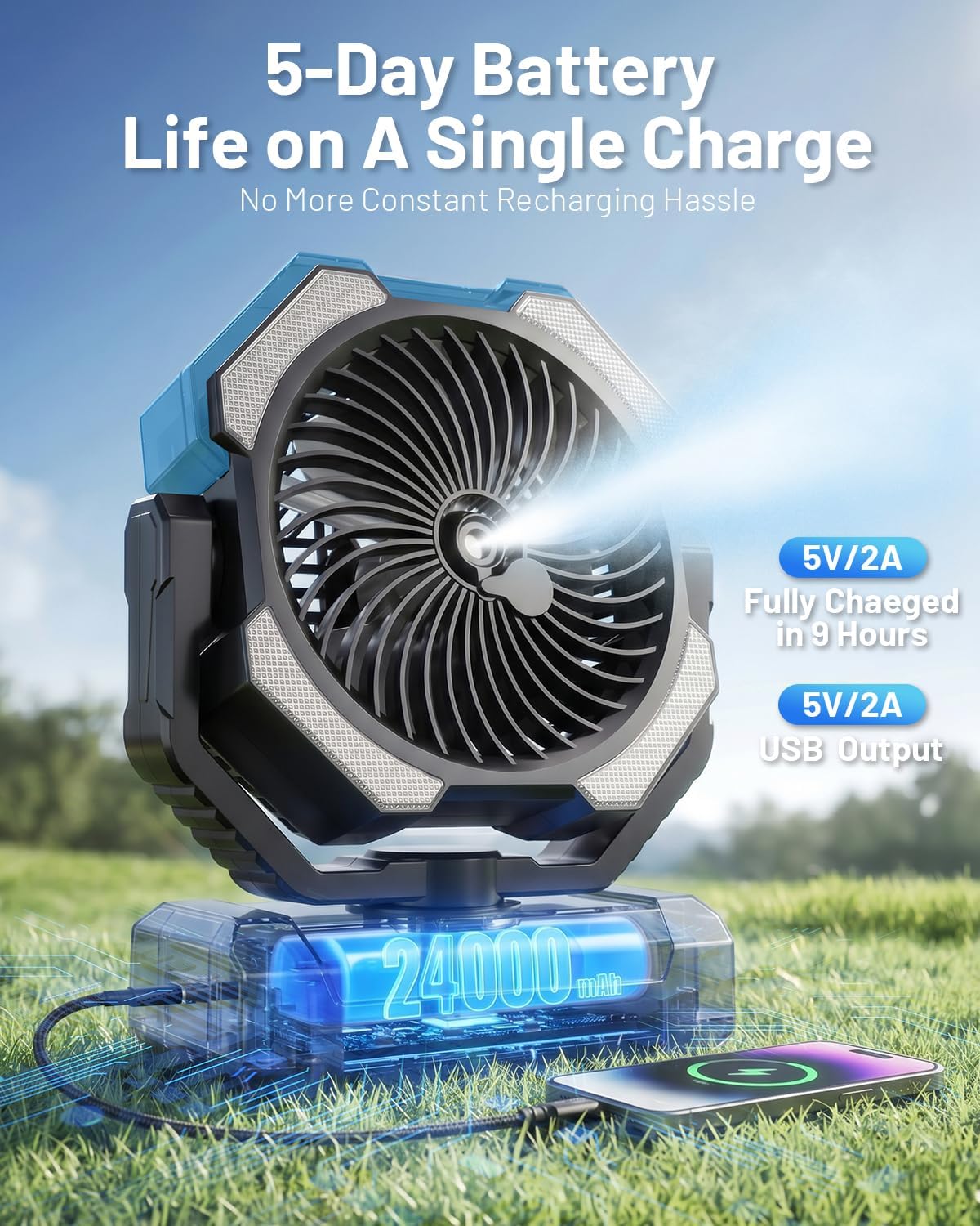 Detalle de Misting Fan: Portable Camping Fan with 9oz Water Tank and 24000mAh Battery