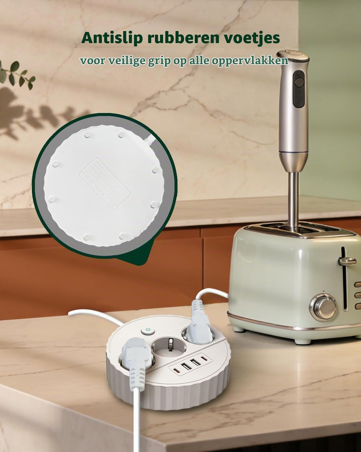 Detalle de Microwear 7-in-1 stekkerdoos, 2500 W, 2 USB-C-poorten en 1,8 m kabel