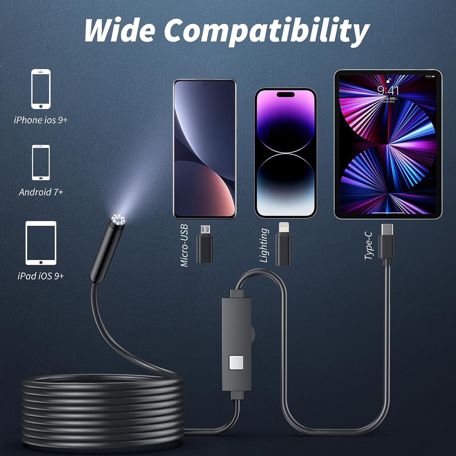 Detalle 2 de Kinpthy Endoscope Camera with 16.4-ft Semi-Rigid Cable, IP67 Probe and 8 LEDs