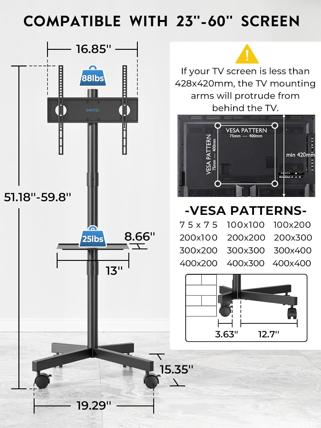 Detalle de BONTEC TC-003B-US-FBA Mobile TV Stand for 23–60-Inch TVs, Adjustable Height