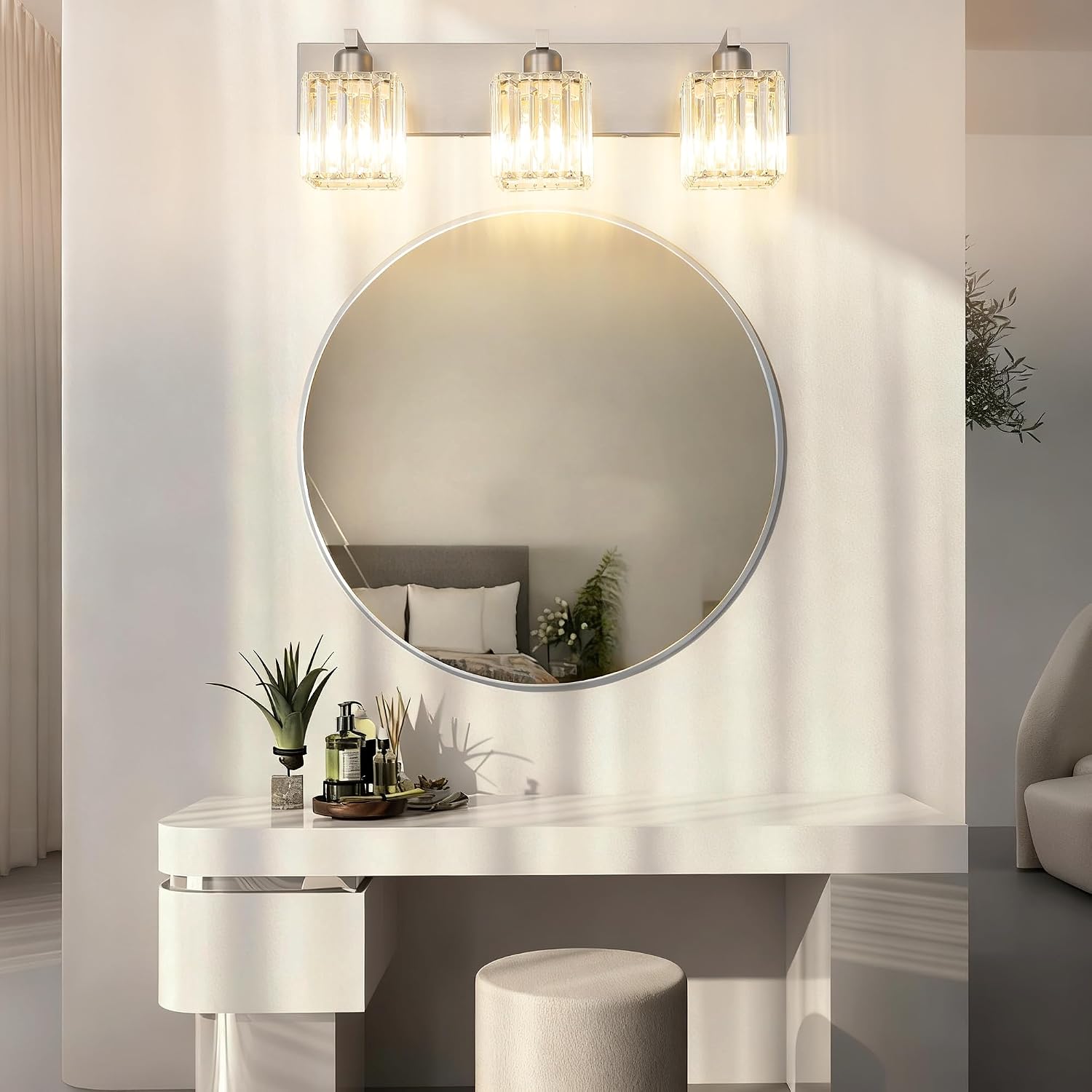 Detalle de Aipsun 8461 Brushed Nickel 3-Light Crystal Bathroom Vanity Light
