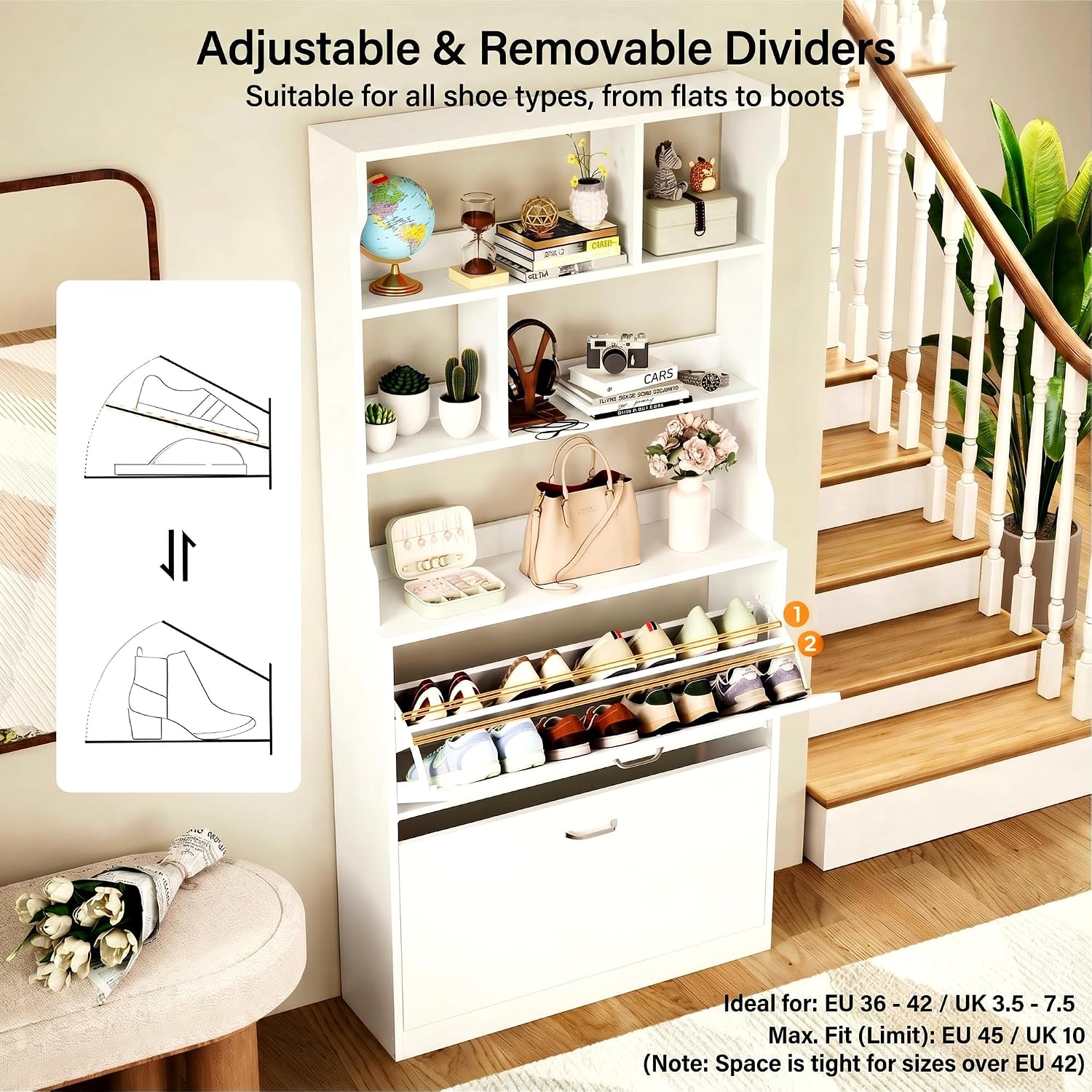 Thumbnail 5 de IRONCK Shoe Cabinet 2 Flip Drawers – Slim Freestanding Shoe Storage, 3-Tier Open Shelves, 80x24x165cm, White