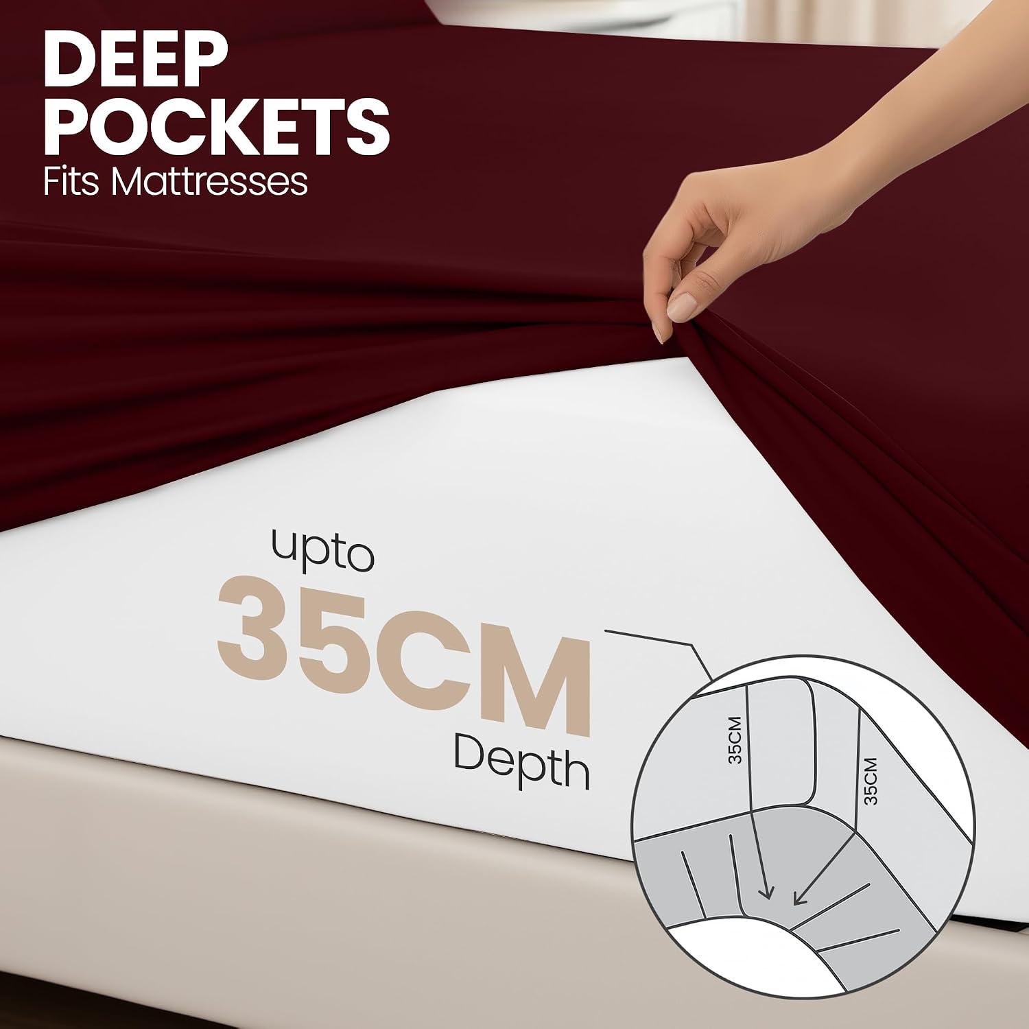 Detalle 2 de Utopia Bedding Fitted Sheet Single 14 inch, Burgundy