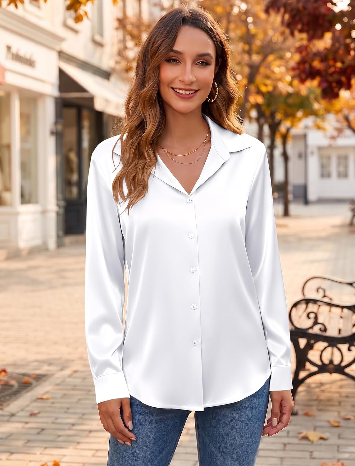 Detalle 2 de Hotouch HDH000005-CA Women's Satin Button-Down Blouse, V-Neck, Long Sleeve