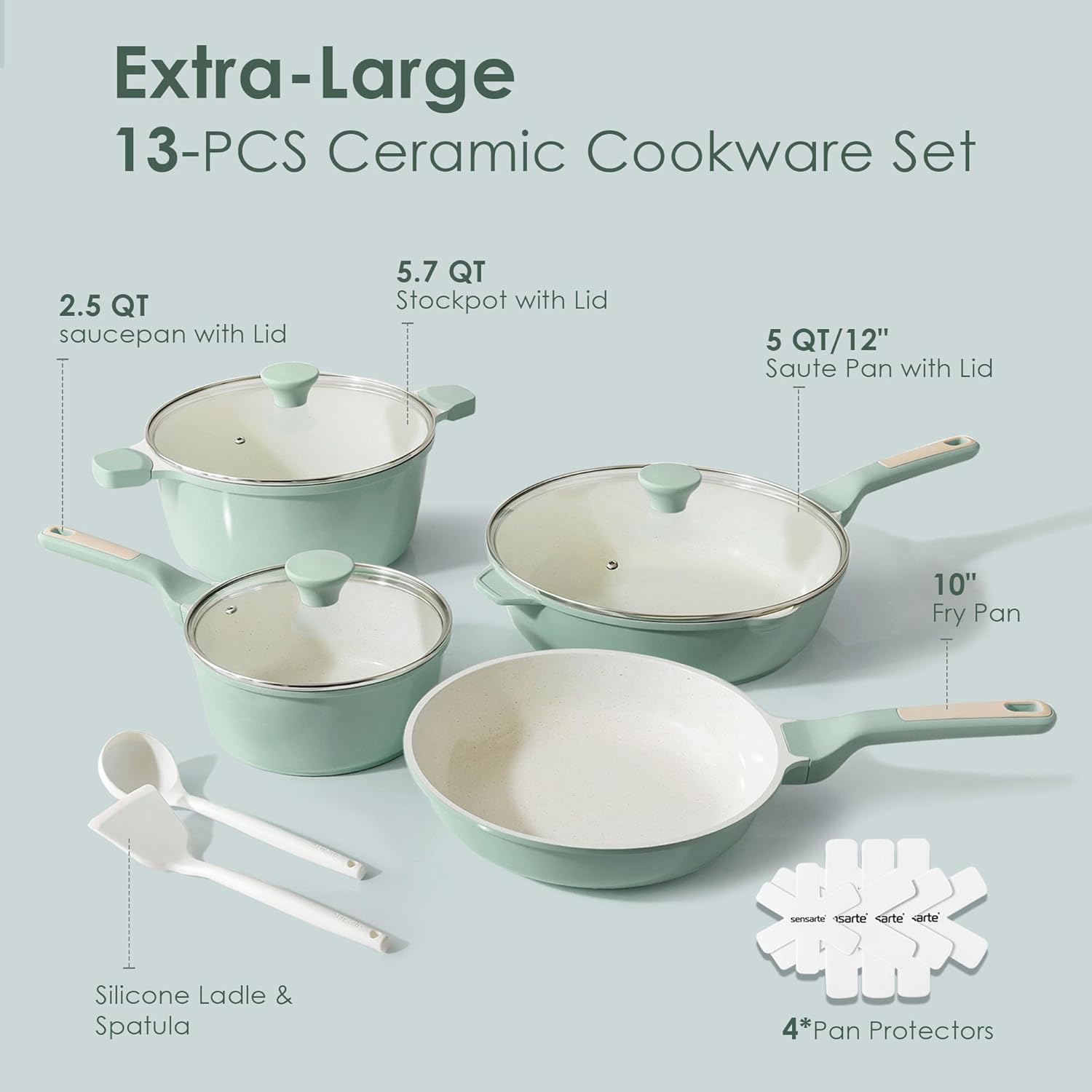 Detalle 2 de SENSARTE SA07 Classic 13-Piece Ceramic Cookware Set, Green