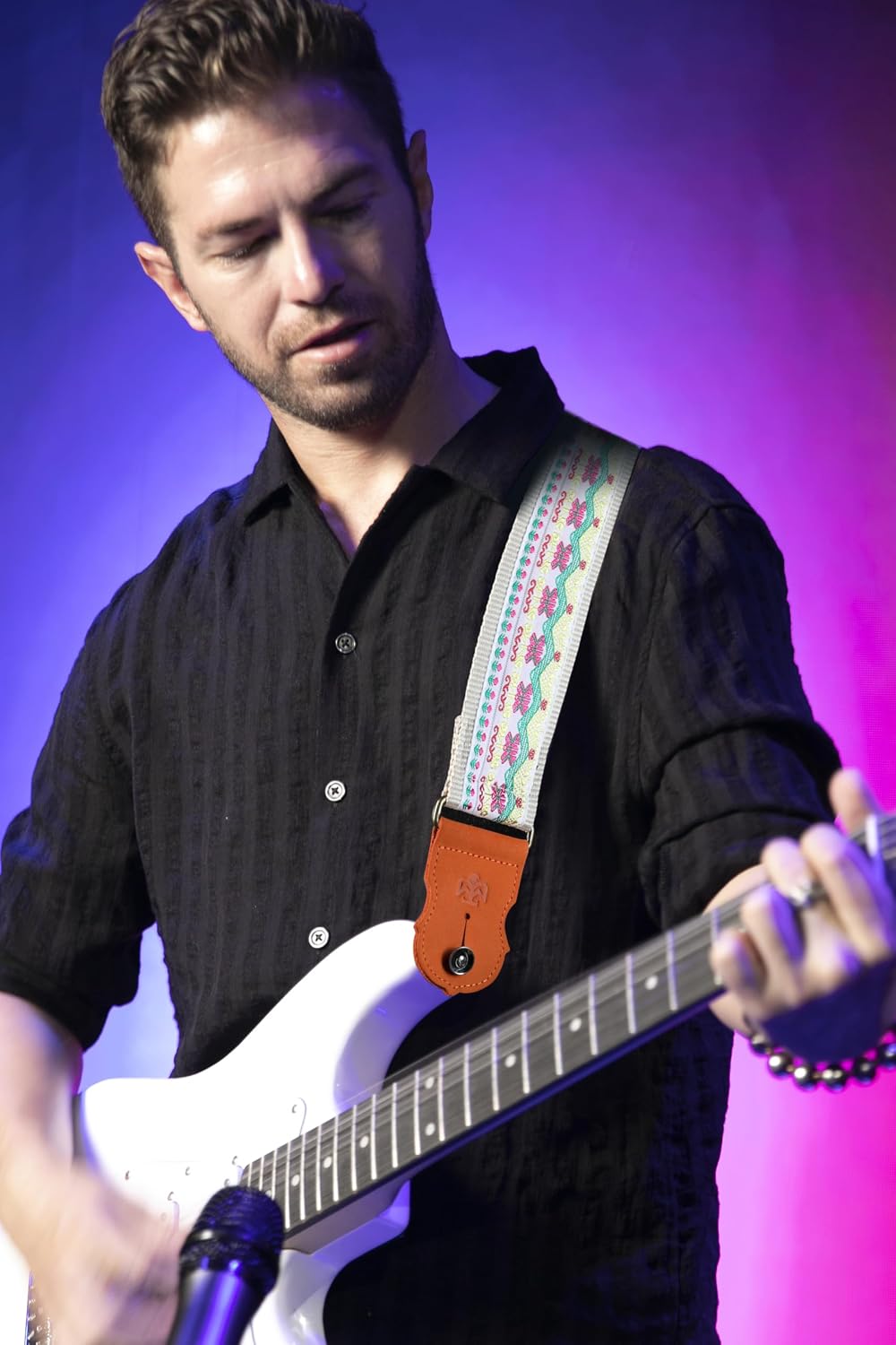 Thumbnail 3 de BOONSPARK Guitar Strap, Lotus Embroidery, 2-Inch Adjustable Cotton with Cowhide Ends