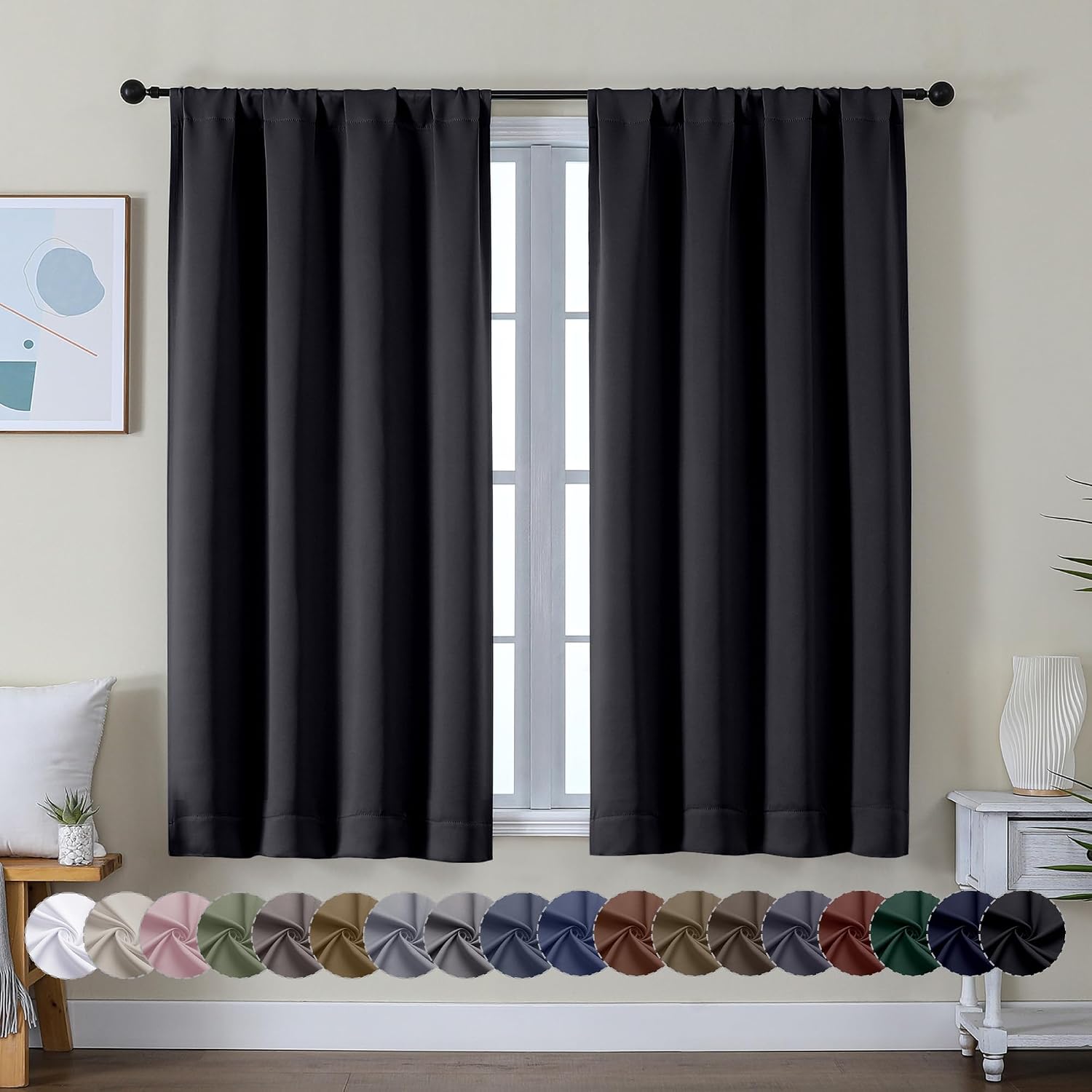 Detalle de Simplebrand Ava Blackout Curtains, 2 Panels, Black Polyester, 40" x 54