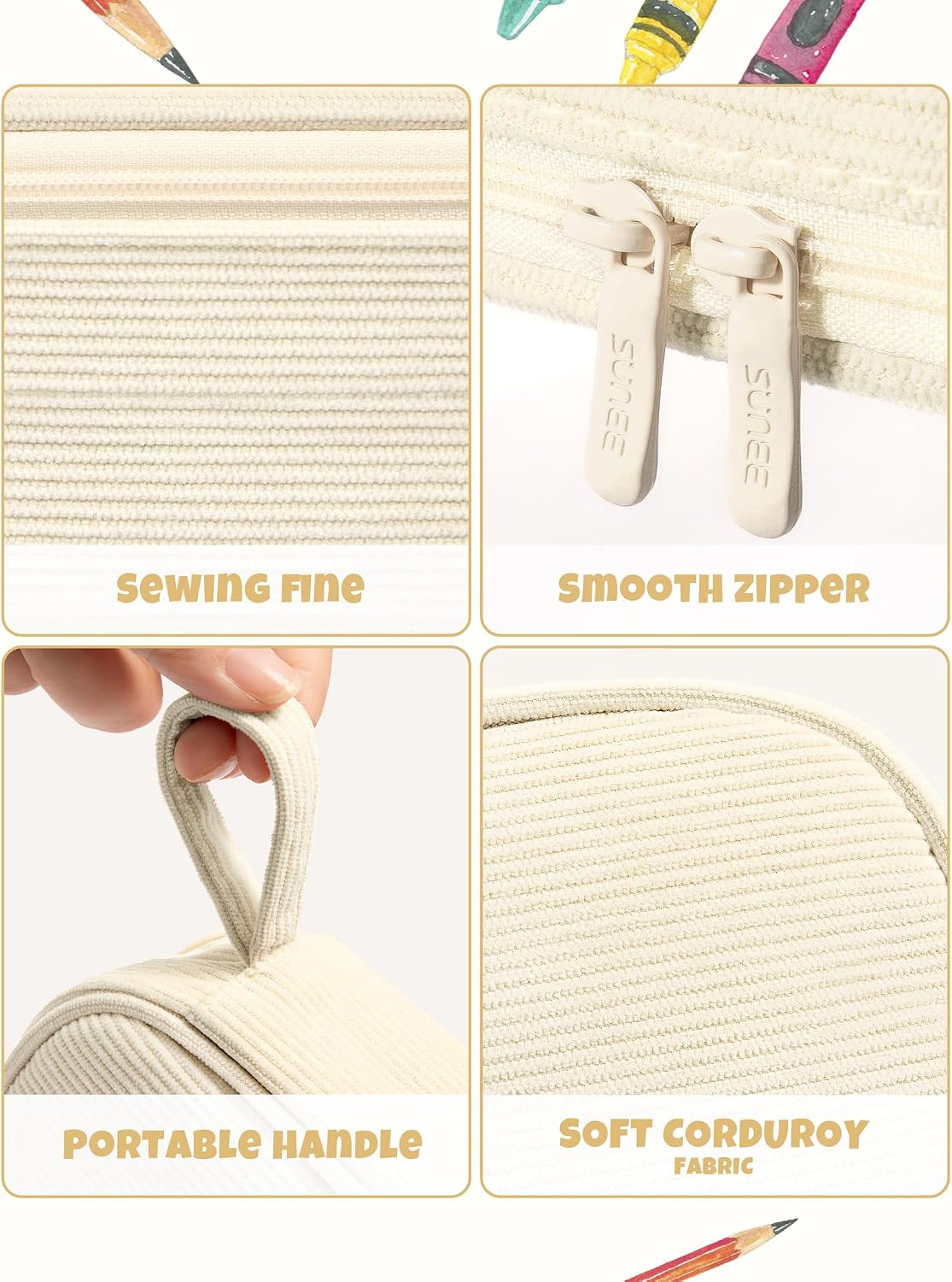 Detalle 2 de SUNEE Cute Pencil Case, Large Soft Corduroy Pouch, Warm Beige with Zipper
