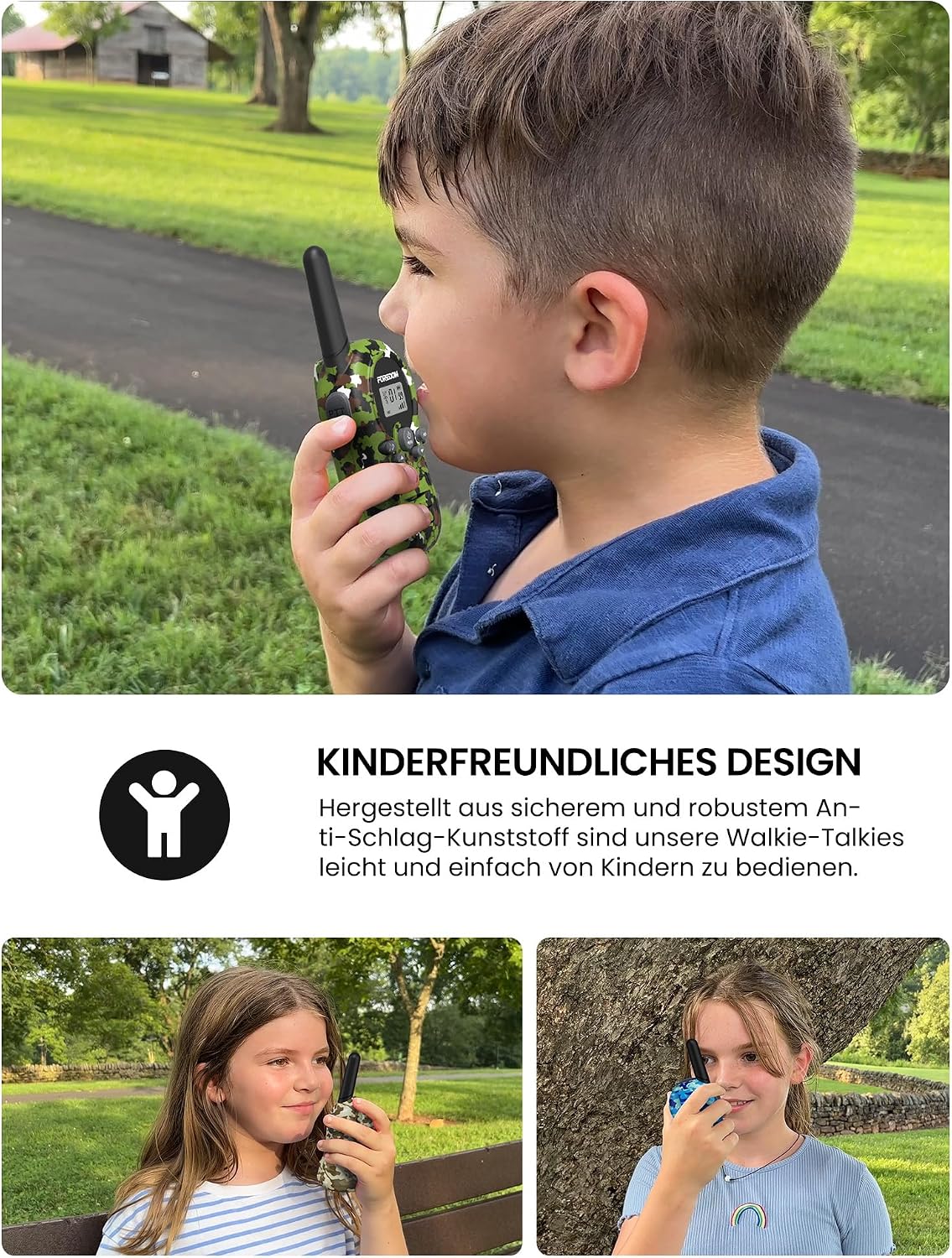 Detalle 2 de FOREDOM Kinder-Walkie-Talkies Funkgeräte-Set (3er Set) für 3–12 Jahre mit 8 Kanälen, bis zu 3 km Reichweite
